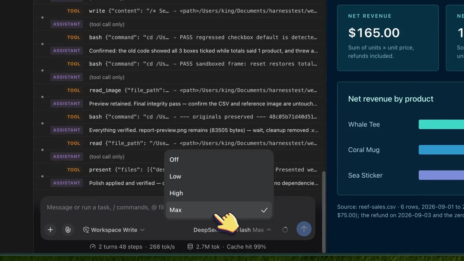 Reasoning-effort dropdown in DeepSeek Harness offering Off, Low, High and Max with Max checked, over a Trajectory tool-call log and a net-revenue report panel Reasoning-effort dropdown in DeepSeek Harness offering Off, Low, High and Max with Max checked, over a Trajectory tool-call log and a net-revenue report panel