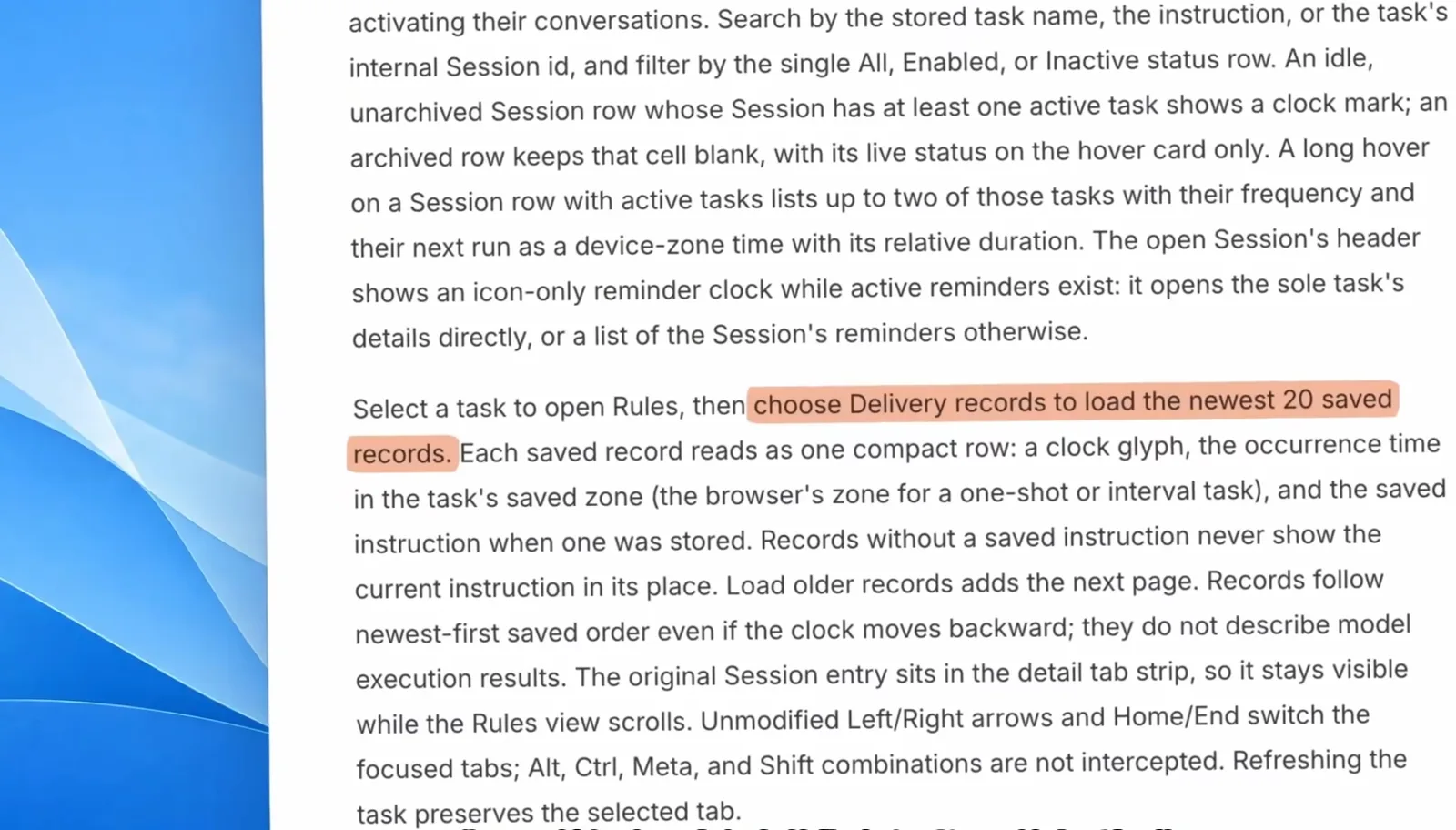 Built-in plugin documentation in dsh explaining Delivery records, which load the newest 20 saved records per automation task