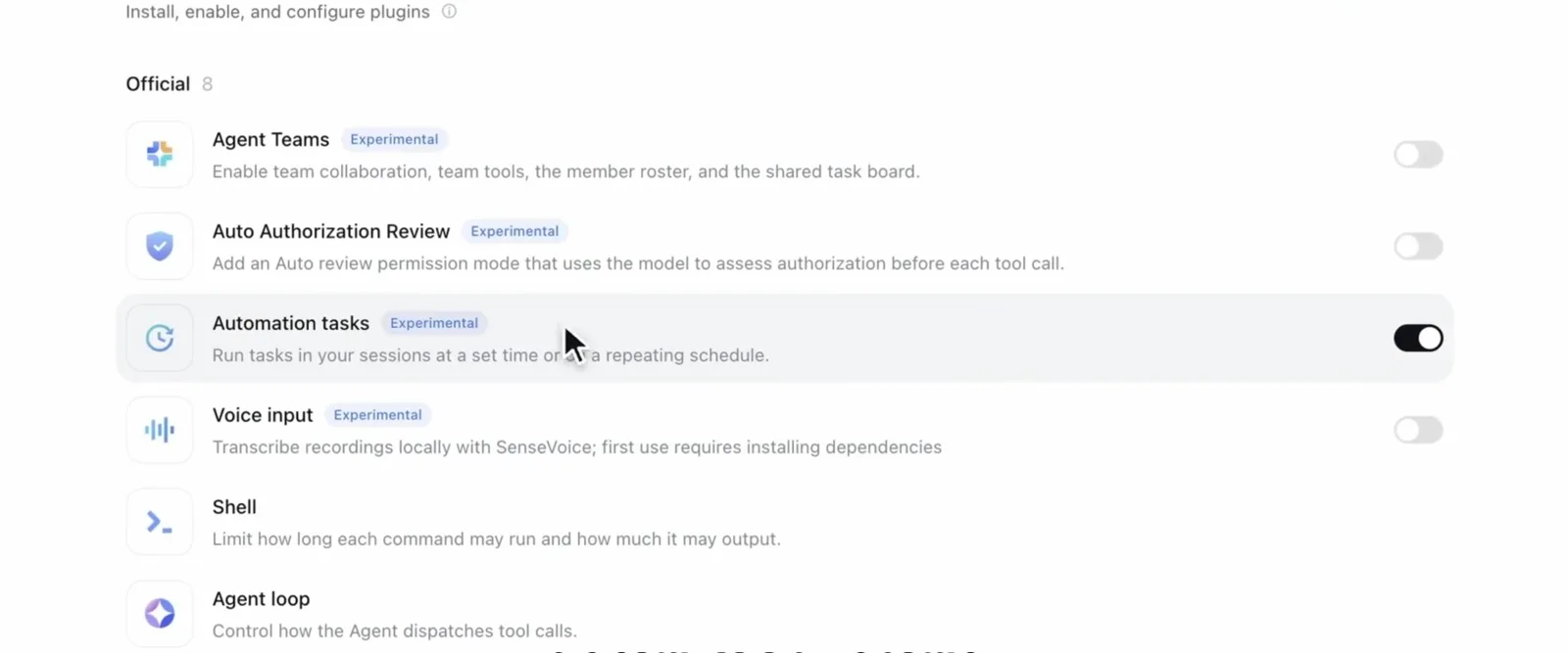 Plugins page in DeepSeek Harness listing eight official plugins with the Automation tasks [Experimental] row highlighted and its toggle on