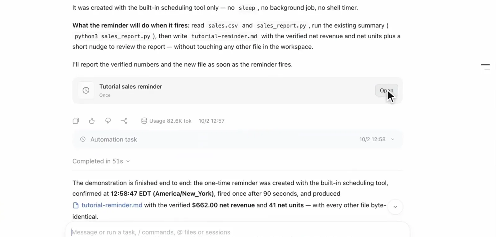 dsh chat reply confirming a one-time Tutorial sales reminder fired once after 90 seconds and wrote tutorial-reminder.md with $662.00 net revenue and 41 net units