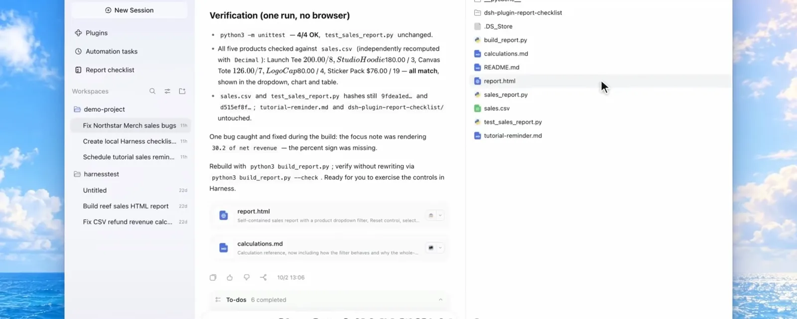 DeepSeek Harness desktop sidebar showing Plugins, Automation tasks, and Report checklist navigation with a Schedule tutorial sales reminder session in the list