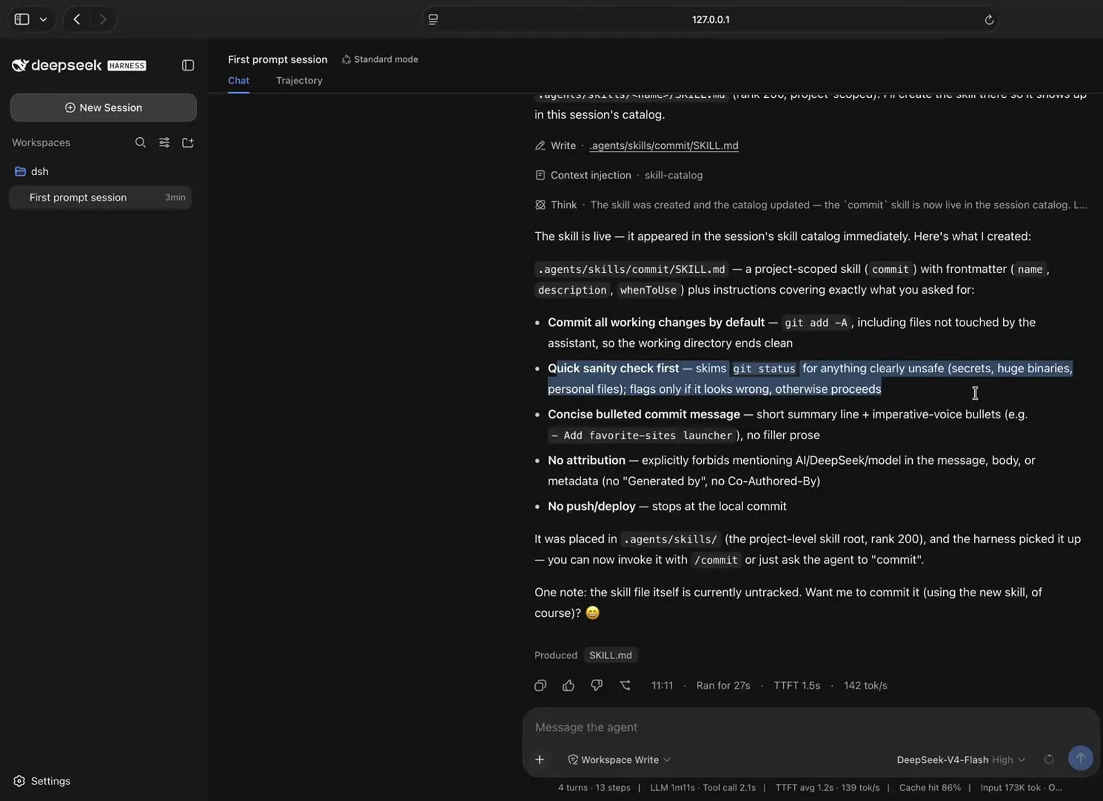 DeepSeek Harness summary of the new commit skill: name, description and whenToUse fields plus the /commit invocation. DeepSeek Harness summary of the new commit skill: name, description and whenToUse fields plus the /commit invocation.