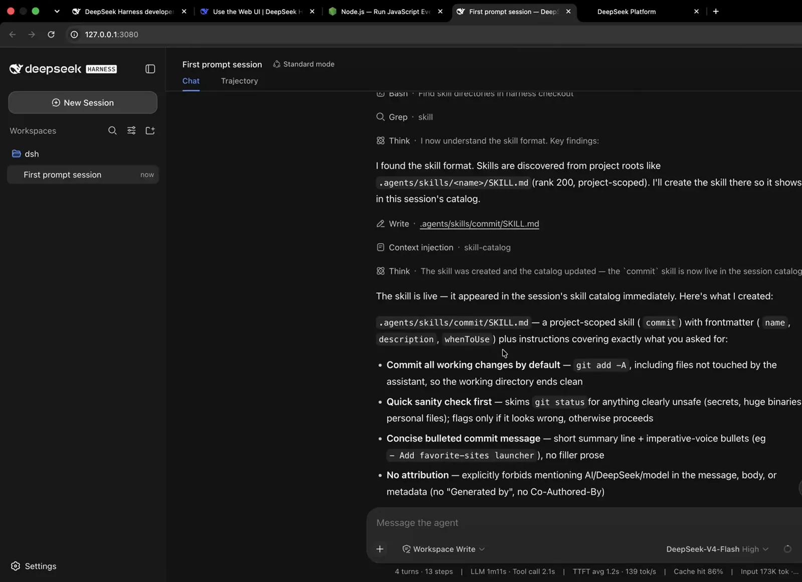 DeepSeek Harness reply confirming the new commit skill is live in the session skill catalog seconds after creation. DeepSeek Harness reply confirming the new commit skill is live in the session skill catalog seconds after creation.