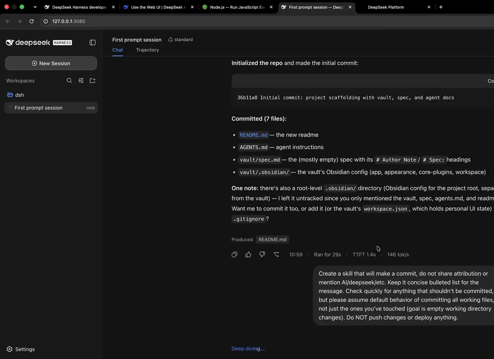 The DSH composer holds the full typed prompt to create a commit skill that hides AI attribution and never pushes. The DSH composer holds the full typed prompt to create a commit skill that hides AI attribution and never pushes.