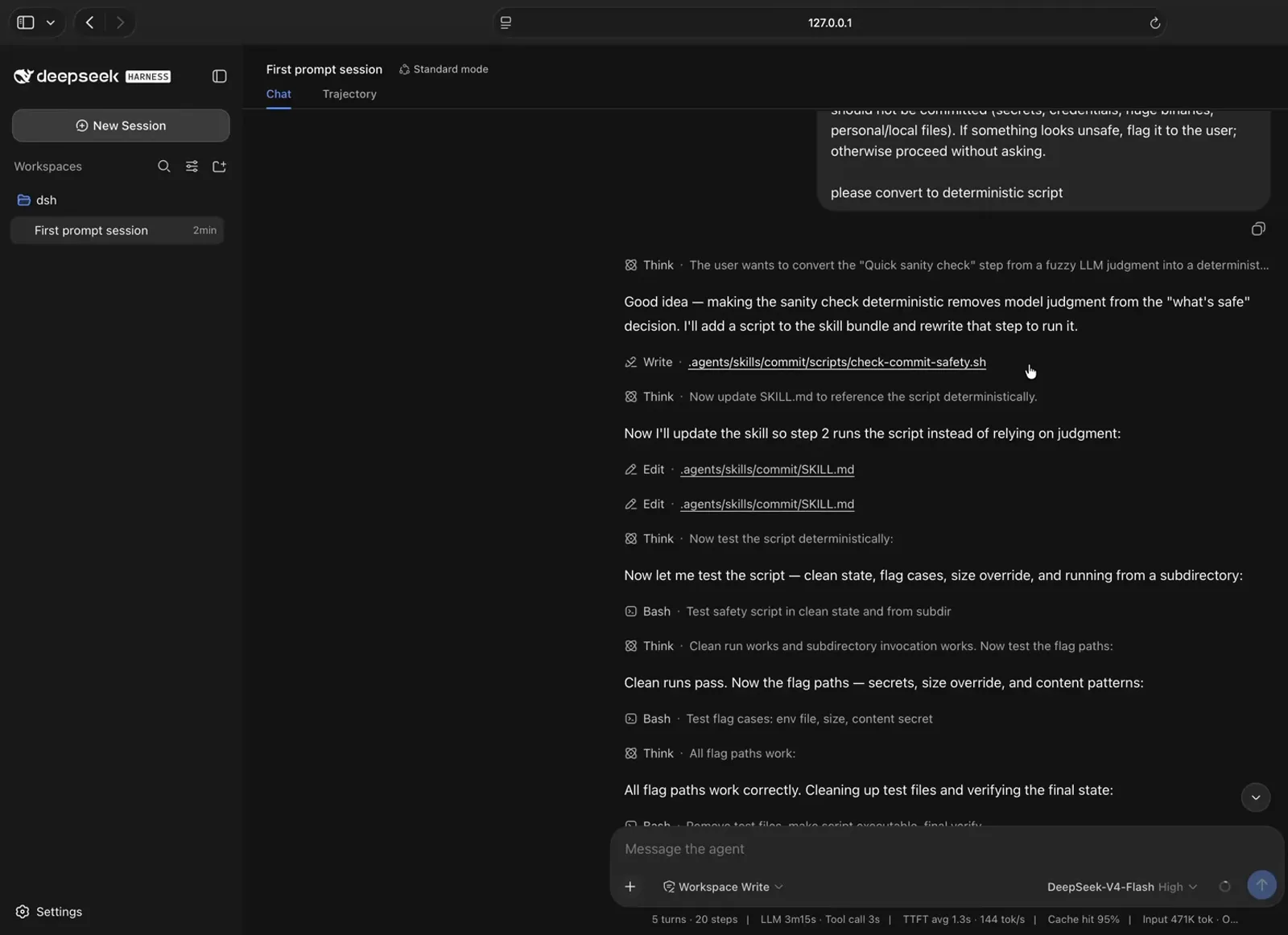 DeepSeek Harness turning the sanity check into a deterministic script, writing scripts/check-commit-safety.sh. DeepSeek Harness turning the sanity check into a deterministic script, writing scripts/check-commit-safety.sh.