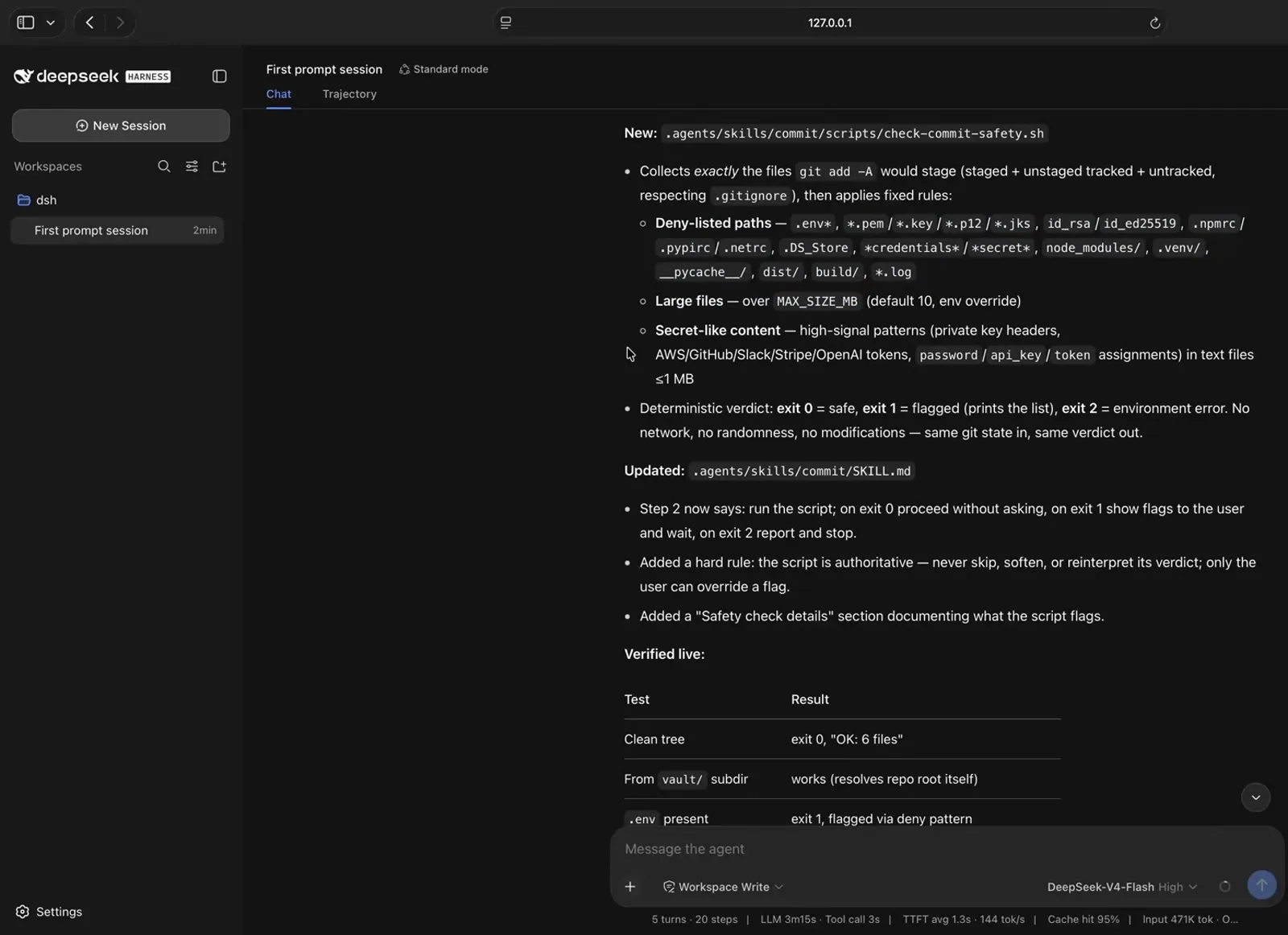 DeepSeek Harness lists check-commit-safety.sh deny paths and MAX_SIZE_MB 10 next to a verified table of exit codes. DeepSeek Harness lists check-commit-safety.sh deny paths and MAX_SIZE_MB 10 next to a verified table of exit codes.