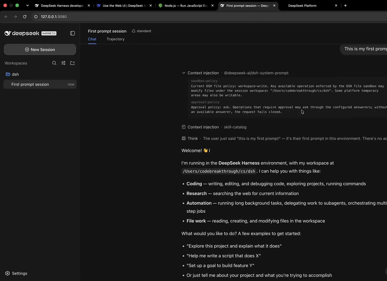 DeepSeek Harness chat showing Context injection rows for dsh-system-prompt and skill-catalog above the welcome message. DeepSeek Harness chat showing Context injection rows for dsh-system-prompt and skill-catalog above the welcome message.