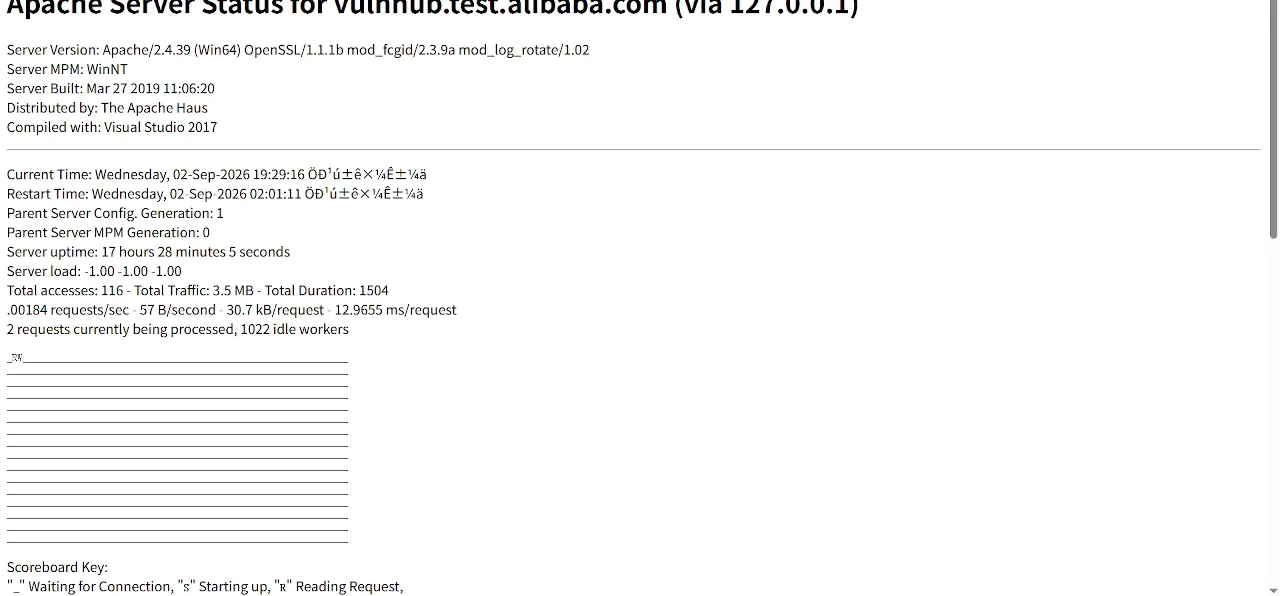 An Apache Server Status page fills the browser viewport, the raw evidence the agent rendered before writing a single conclusion.
