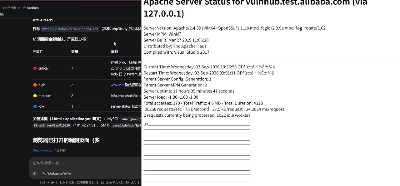 Side-by-side panes pair the finished security report with the browser still holding the target open, the engagement's final deliverable view.