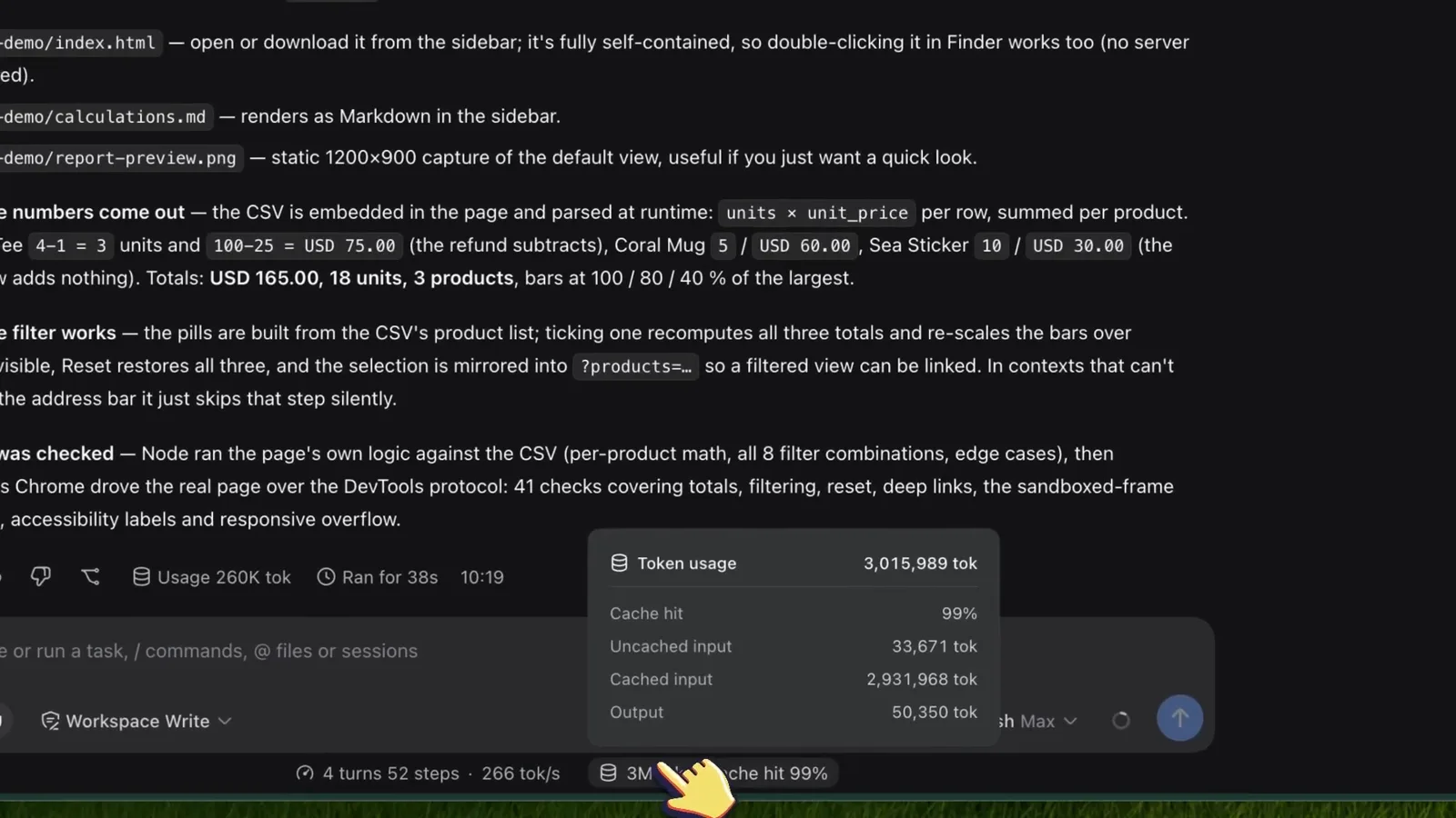 Token usage popup in the DeepSeek Harness web UI itemizing a 3,015,989-token run: 99% cache hit, 33,671 uncached input tokens, 2,931,968 cached input tokens and 50,350 output tokens