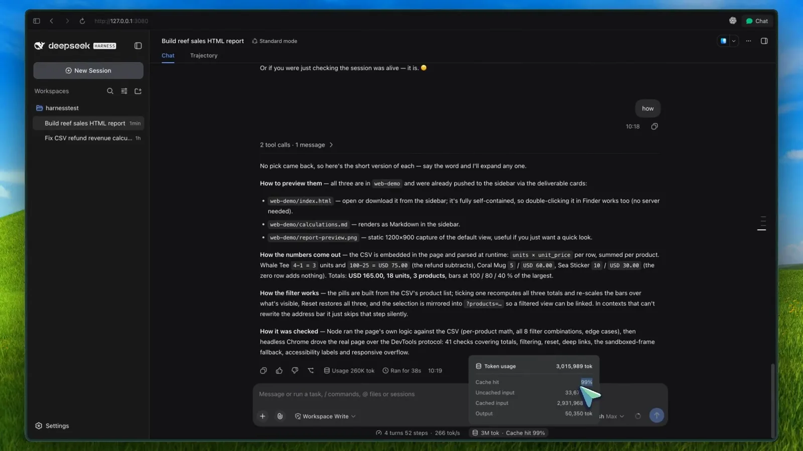 DeepSeek Harness session window with the Token usage popup open over the composer, the status strip reading Usage 260K tok beside the finished reef-sales report