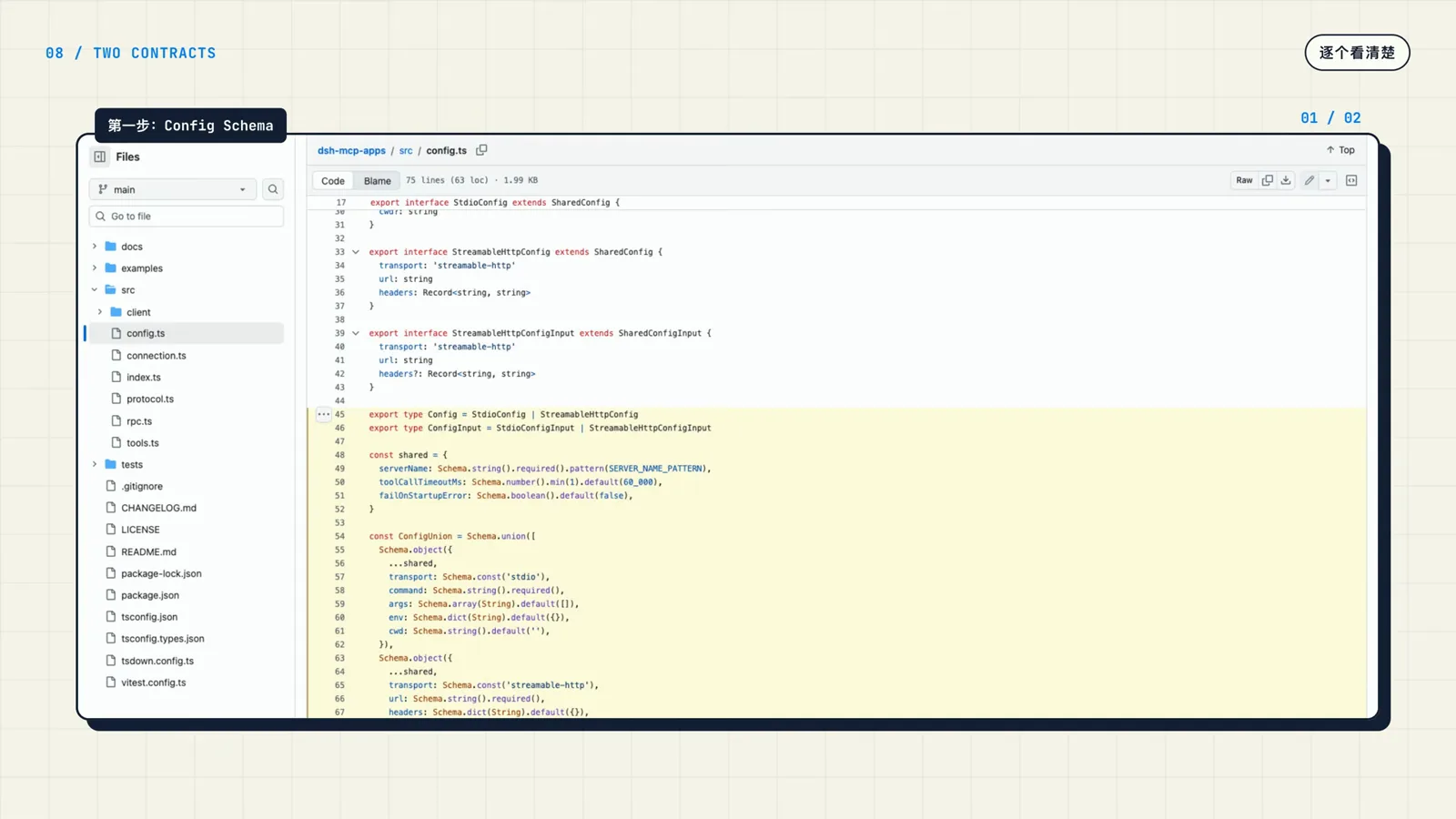 config.ts of a DSH MCP plugin showing a Schema union with stdio and streamable-http branches, a required url, and default timeout fields config.ts of a DSH MCP plugin showing a Schema union with stdio and streamable-http branches, a required url, and default timeout fields