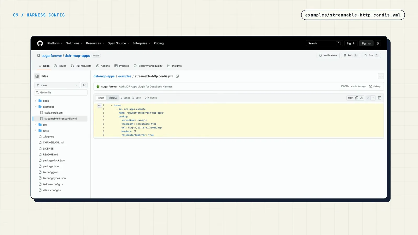 streamable-http.cordis.yml example from the dsh-mcp-apps repo, an insert entry pointing the plugin at an MCP server url with failOnStartupError streamable-http.cordis.yml example from the dsh-mcp-apps repo, an insert entry pointing the plugin at an MCP server url with failOnStartupError