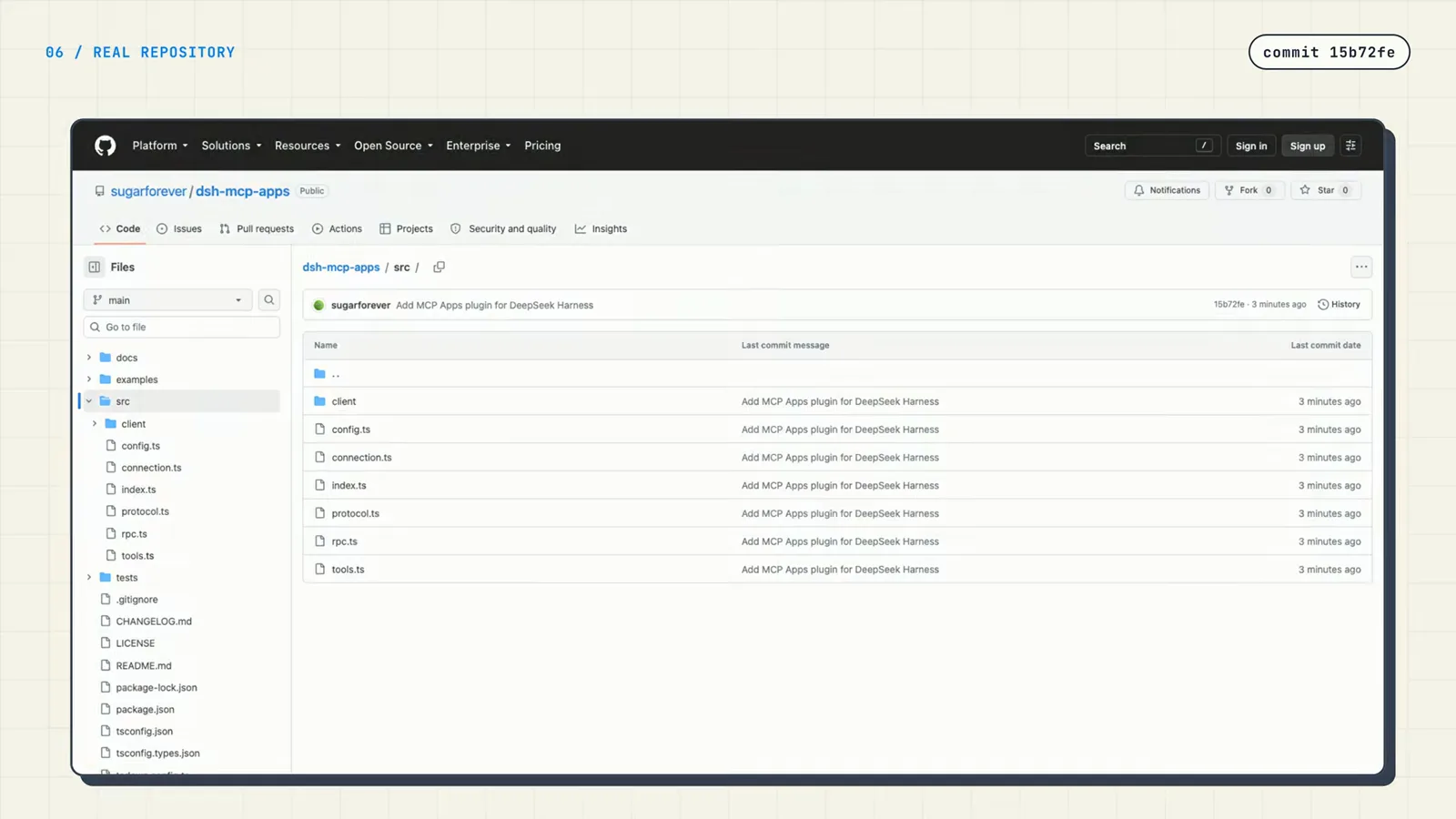dsh plugin structure on GitHub: the sugarforever/dsh-mcp-apps src folder listing client, config.ts, connection.ts, index.ts, protocol.ts, rpc.ts, and tools.ts dsh plugin structure on GitHub: the sugarforever/dsh-mcp-apps src folder listing client, config.ts, connection.ts, index.ts, protocol.ts, rpc.ts, and tools.ts