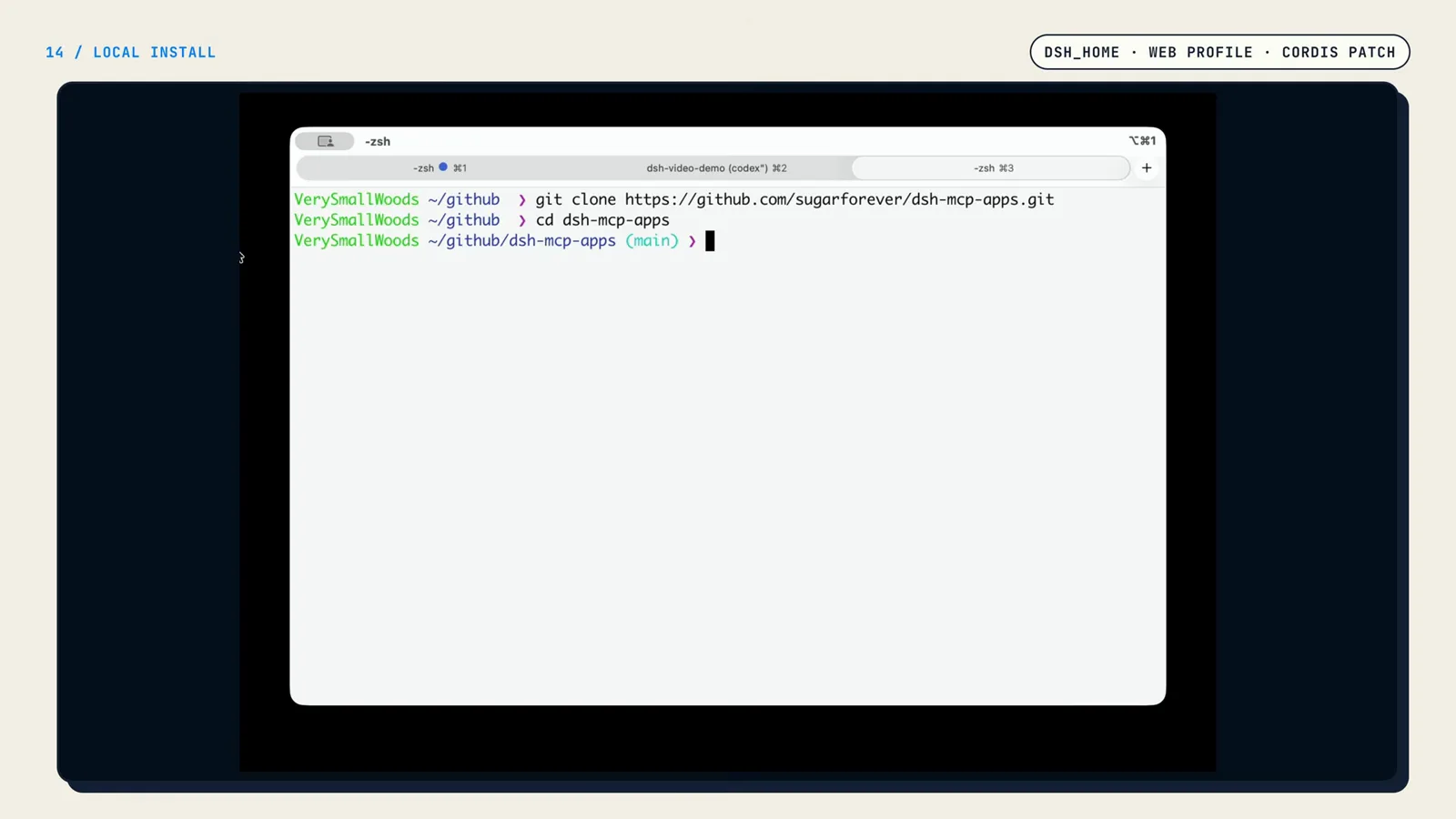Terminal capturing git clone https://github.com/sugarforever/dsh-mcp-apps.git during a DeepSeek Harness plugin install walkthrough Terminal capturing git clone https://github.com/sugarforever/dsh-mcp-apps.git during a DeepSeek Harness plugin install walkthrough