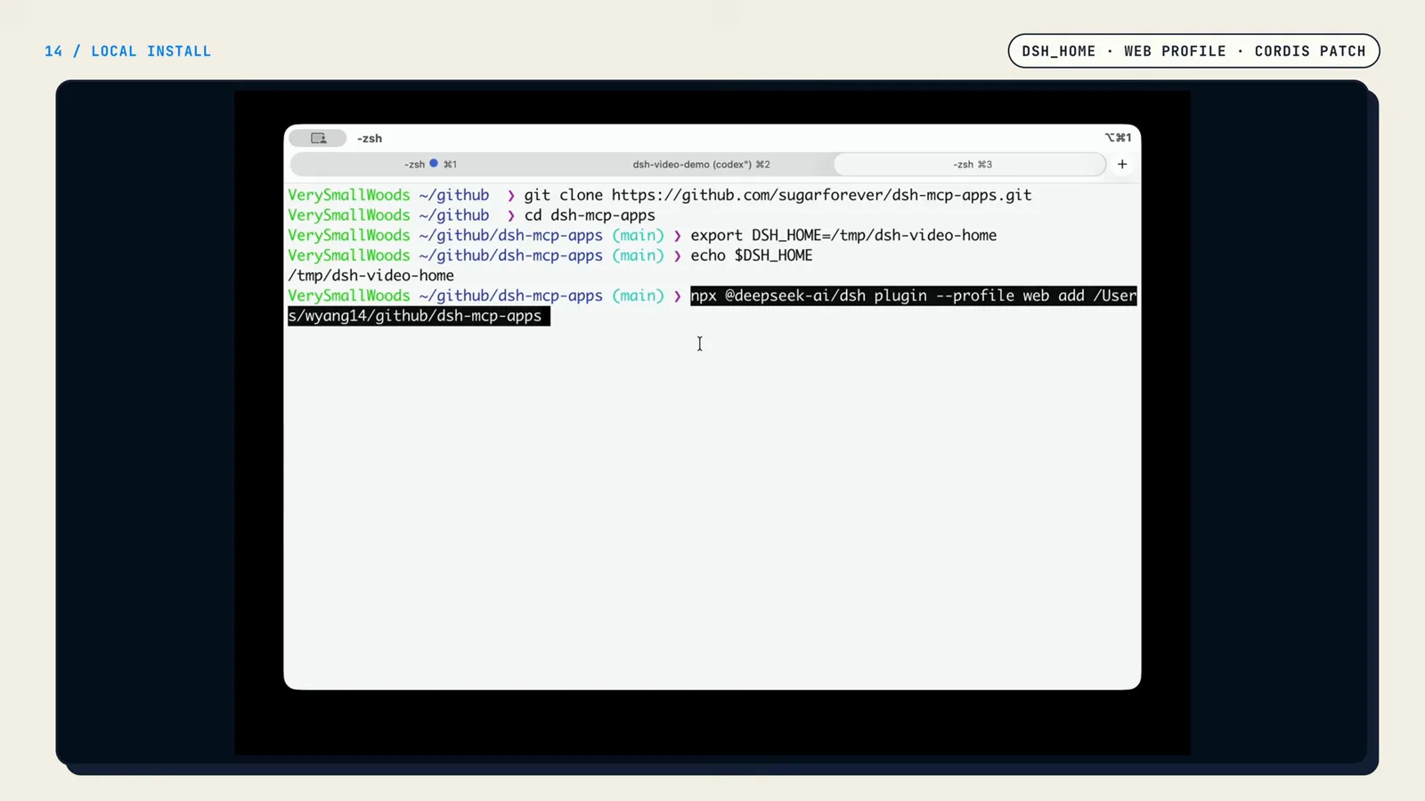 zsh session registering a DSH plugin with npx @deepseek-ai/dsh plugin --profile web add after exporting DSH_HOME zsh session registering a DSH plugin with npx @deepseek-ai/dsh plugin --profile web add after exporting DSH_HOME