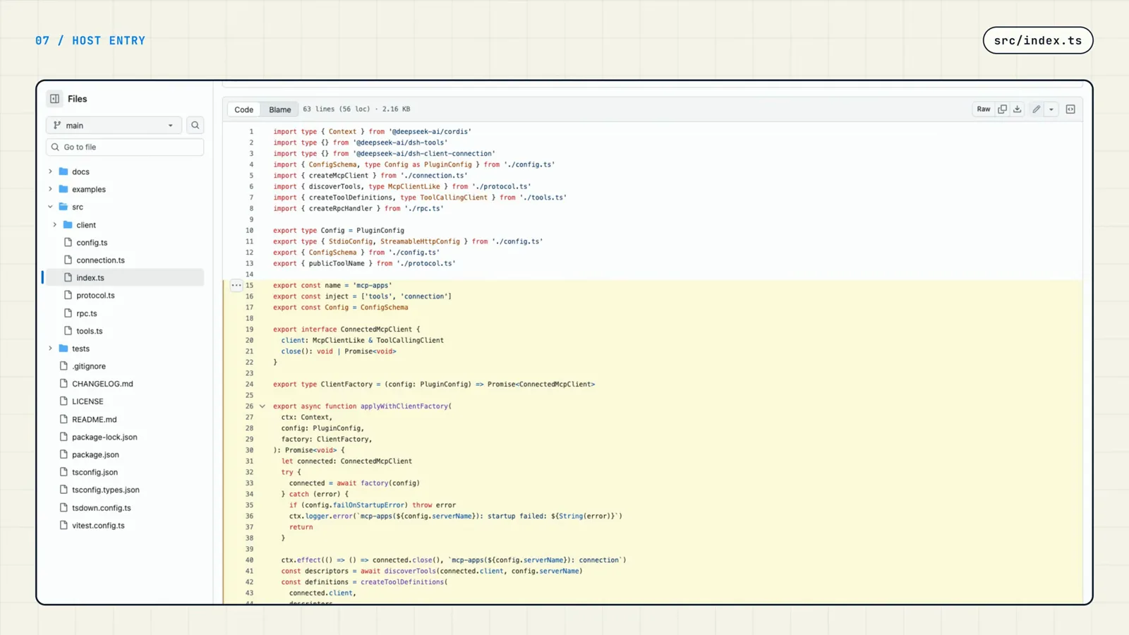 src/index.ts of a DeepSeek Harness plugin open in VS Code with host-side imports and the highlighted name, inject, and Config contract exports src/index.ts of a DeepSeek Harness plugin open in VS Code with host-side imports and the highlighted name, inject, and Config contract exports