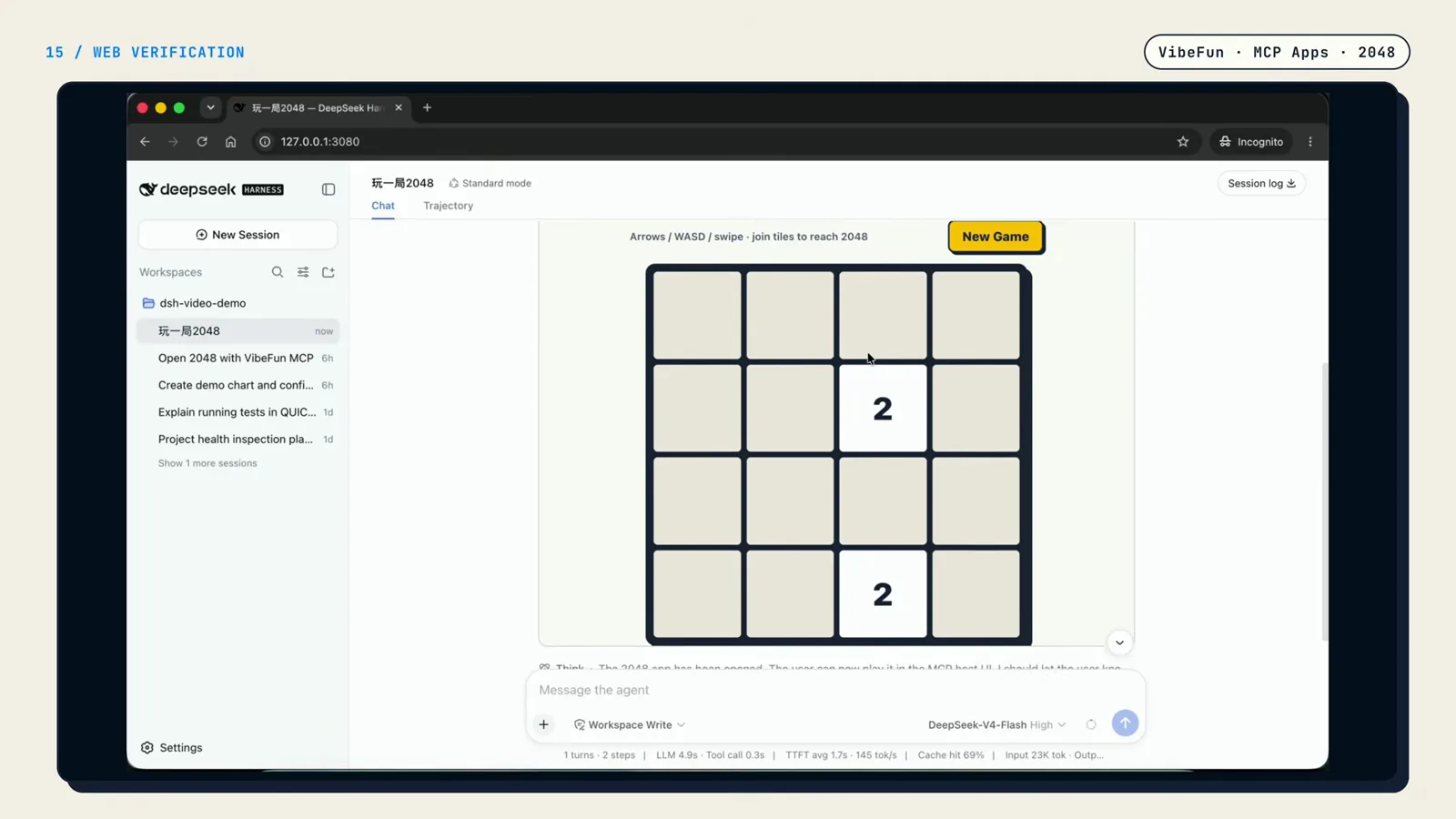 Playable 2048 board with a New Game button rendered inside a DeepSeek Harness chat after the model called the remote MCP tool Playable 2048 board with a New Game button rendered inside a DeepSeek Harness chat after the model called the remote MCP tool