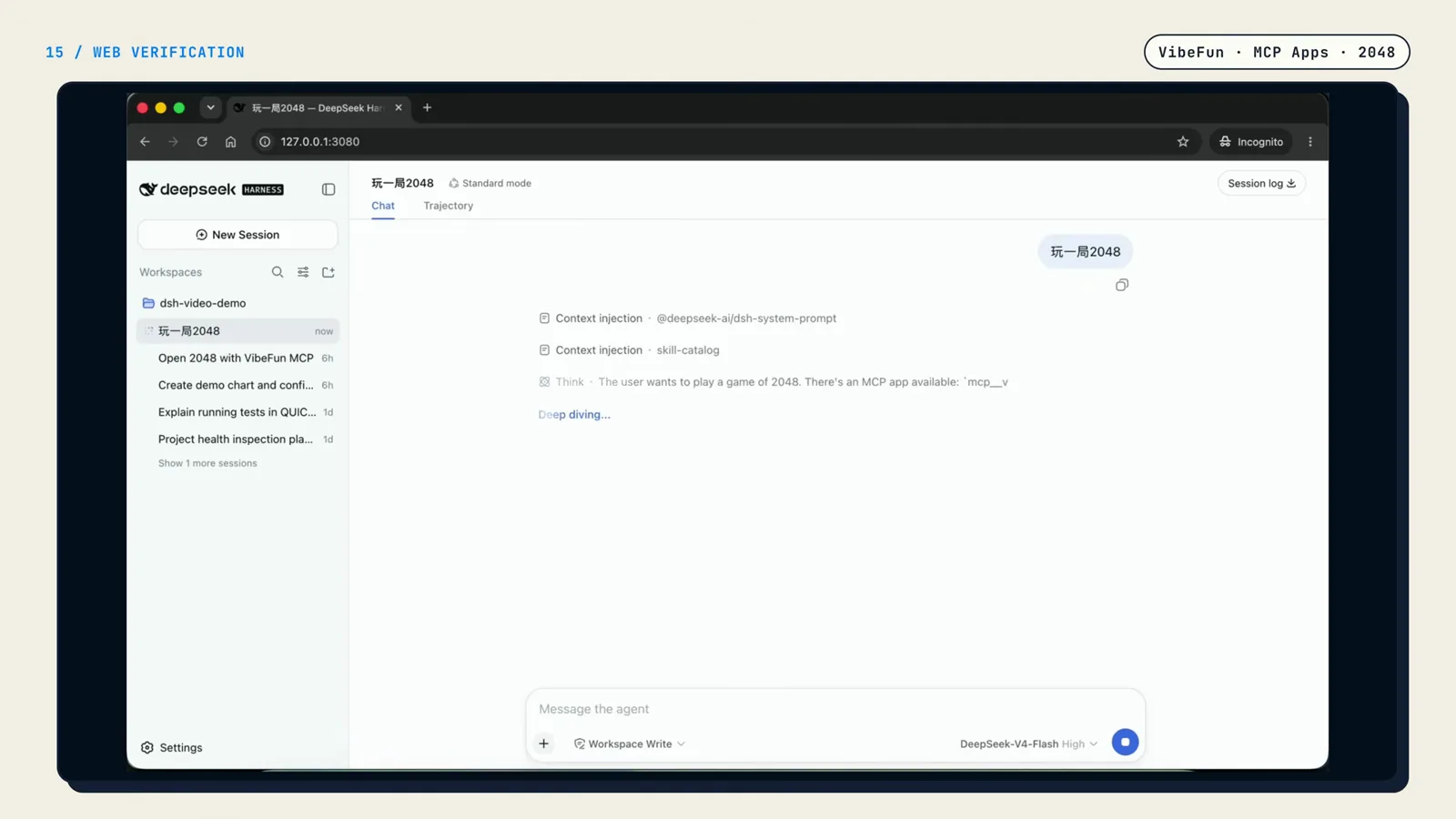 DeepSeek Harness web UI at 127.0.0.1:3080 handling a play-2048 request with dsh-system-prompt context injections and an MCP app tool call DeepSeek Harness web UI at 127.0.0.1:3080 handling a play-2048 request with dsh-system-prompt context injections and an MCP app tool call