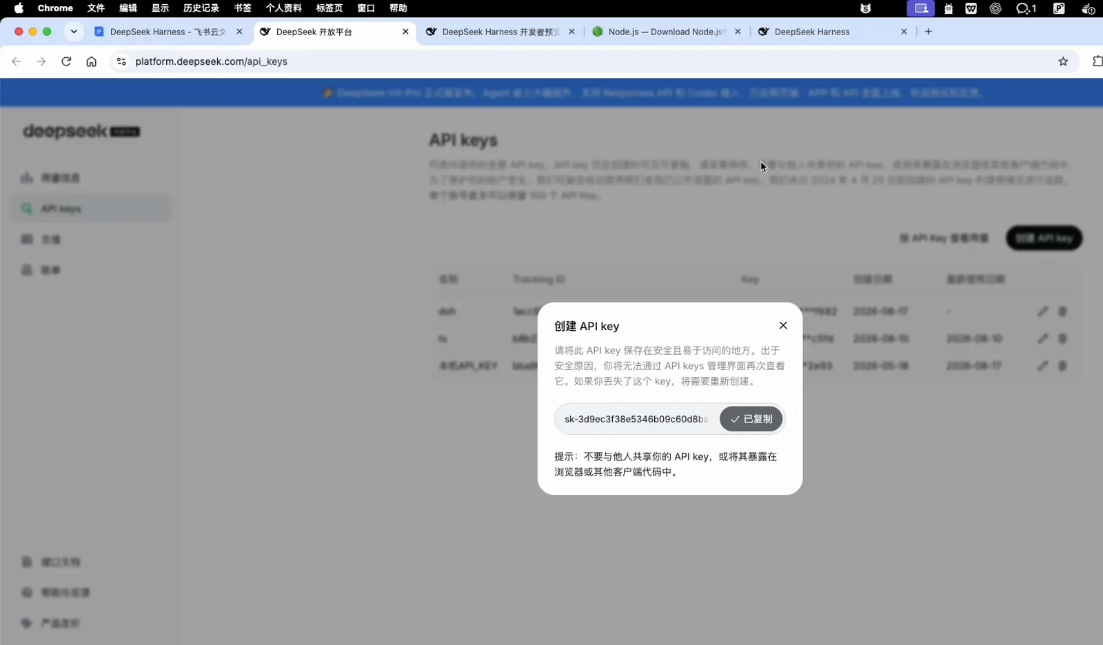 platform.deepseek.com の API keys ページで 创建 API key モーダルが新しい sk- キーを返し、复制 ボタンと秘密保持の注意が並ぶ画面 platform.deepseek.com の API keys ページで 创建 API key モーダルが新しい sk- キーを返し、复制 ボタンと秘密保持の注意が並ぶ画面