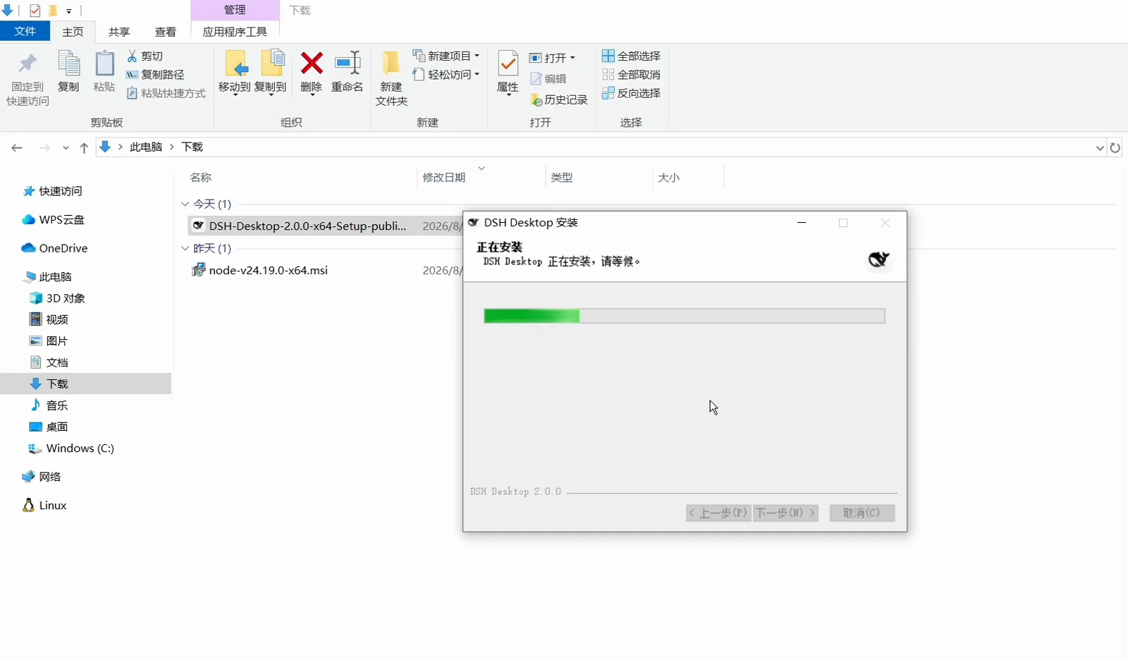 DSH Desktop NSIS installer writing files, with the 正在安装 heading, a green progress bar and the build stamp DSH Desktop 2.0.0 in the footer