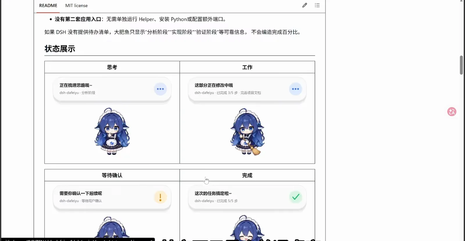The dsh-dafeiyu README status table maps four pet states — thinking, working, waiting for confirmation and done — each with its own speech bubble and progress like 已完成 3/5 步. The dsh-dafeiyu README status table maps four pet states — thinking, working, waiting for confirmation and done — each with its own speech bubble and progress like 已完成 3/5 步.
