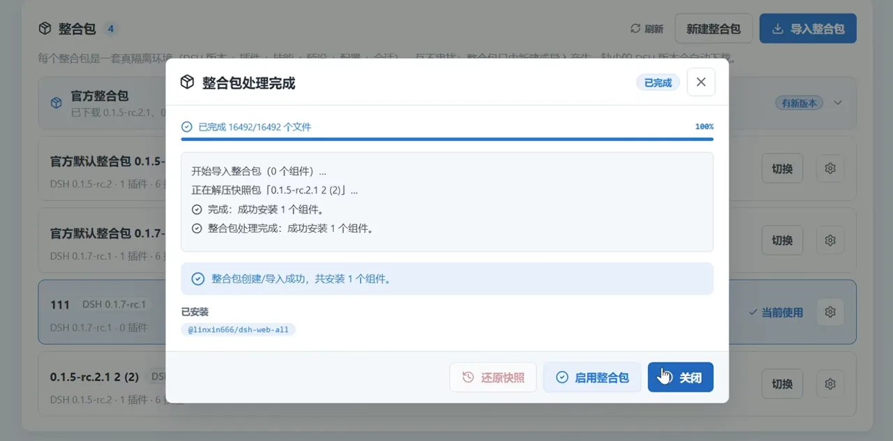 The pack-processing dialog of the DSH Melody Launcher reports a completed import that unpacked the archive, installed the github/dsh-web-all plugin and offers an apply-pack button.