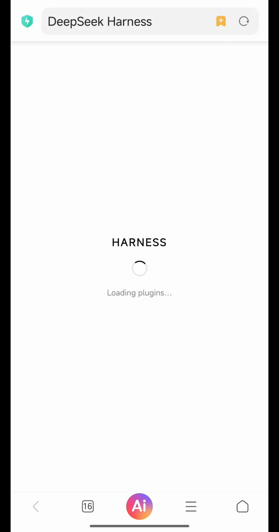 Phone browser loading the DeepSeek Harness web UI with the HARNESS title and a Loading plugins spinner right after the Android terminal setup
