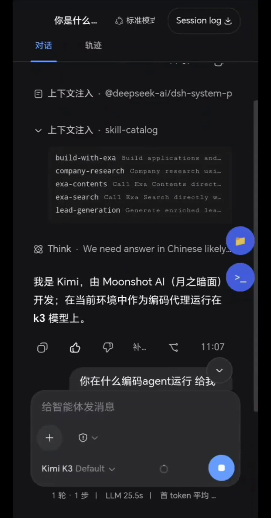 Expanded skill-catalog injection in a DeepSeek Harness phone chat listing five Exa skills with descriptions above the finished model identity answer