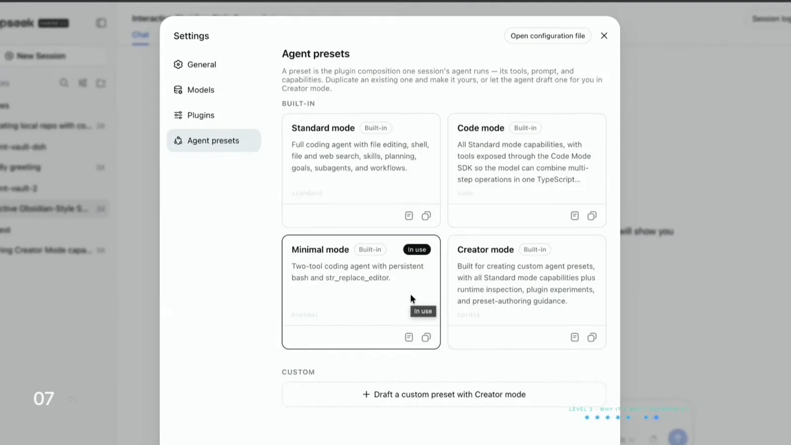 The Agent presets screen in DeepSeek Harness with Standard, Code, Minimal and Creator mode cards plus a Set as active button on the preset in use. The Agent presets screen in DeepSeek Harness with Standard, Code, Minimal and Creator mode cards plus a Set as active button on the preset in use.