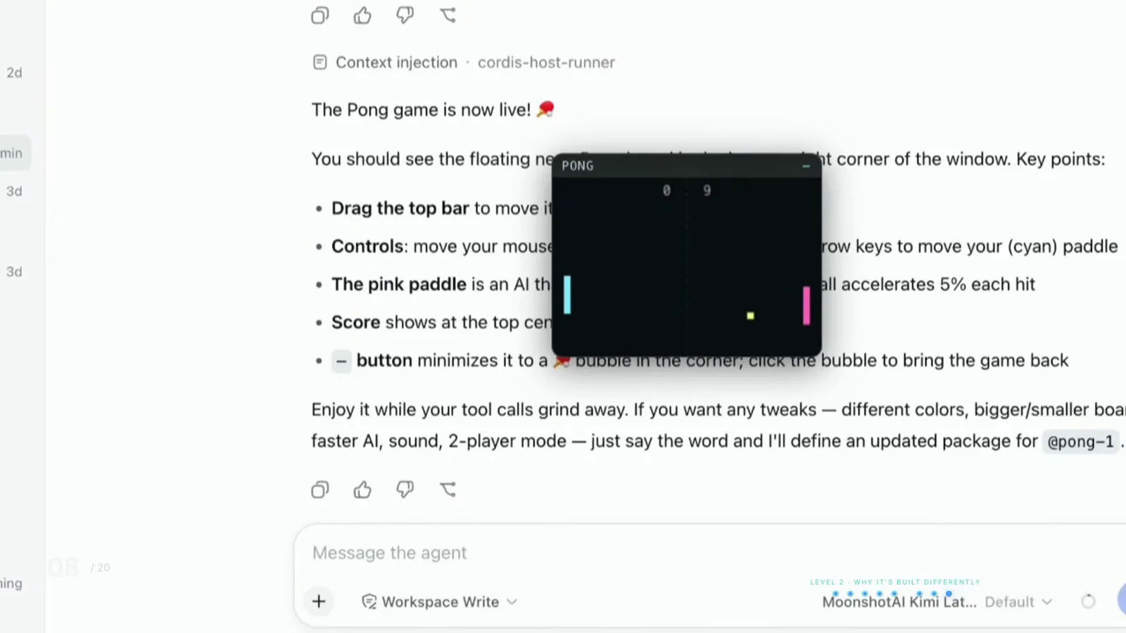 Creator mode in DeepSeek Harness announcing The Pong game is now live! with the neon Pong window floating over the chat while tool calls run. Creator mode in DeepSeek Harness announcing The Pong game is now live! with the neon Pong window floating over the chat while tool calls run.
