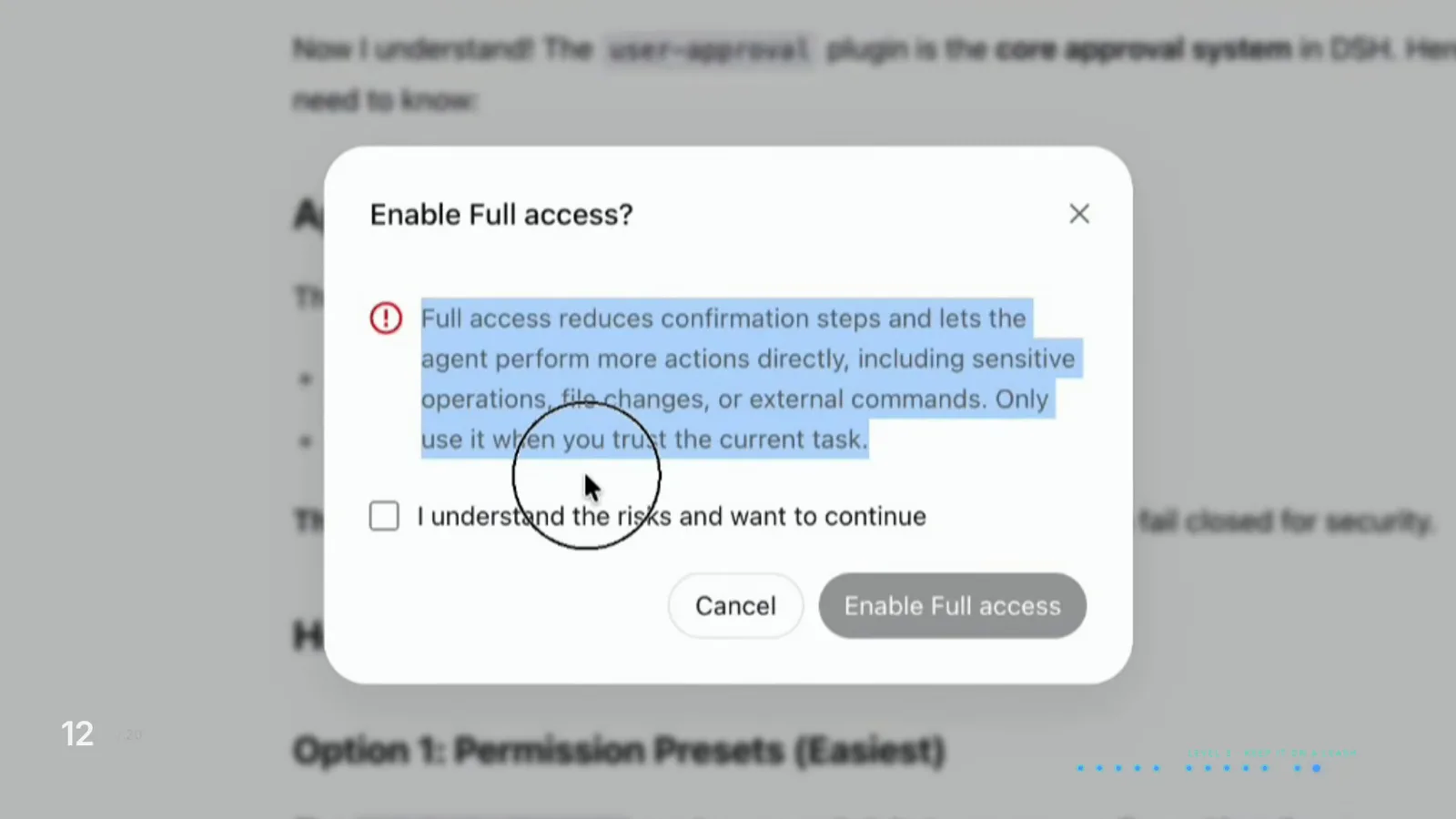 The Enable Full access? confirmation dialog in DeepSeek Harness warning that full access reduces confirmation steps, with a risk checkbox above Cancel and Enable Full access. The Enable Full access? confirmation dialog in DeepSeek Harness warning that full access reduces confirmation steps, with a risk checkbox above Cancel and Enable Full access.