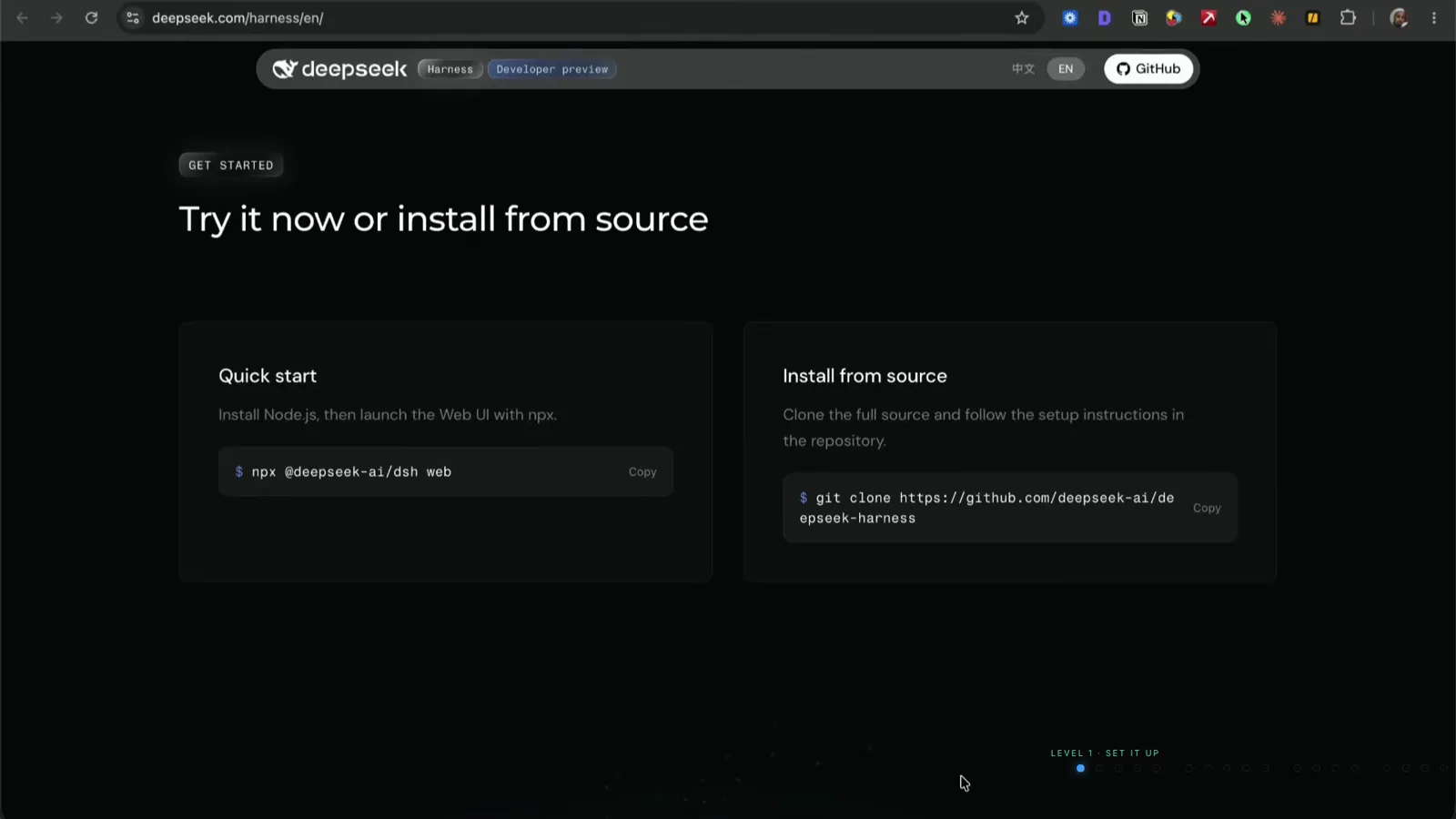 The DeepSeek Harness docs' Try it now or install from source page, with the npx quick start beside the git clone command for the full repository. The DeepSeek Harness docs' Try it now or install from source page, with the npx quick start beside the git clone command for the full repository.