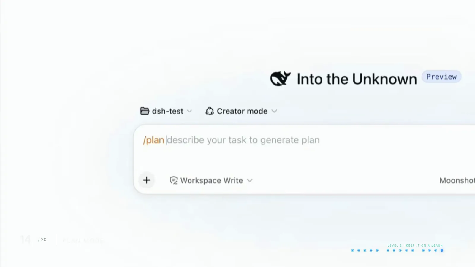 Typing /plan in a DeepSeek Harness composer brings up the describe your task to generate plan hint before any work starts. Typing /plan in a DeepSeek Harness composer brings up the describe your task to generate plan hint before any work starts.