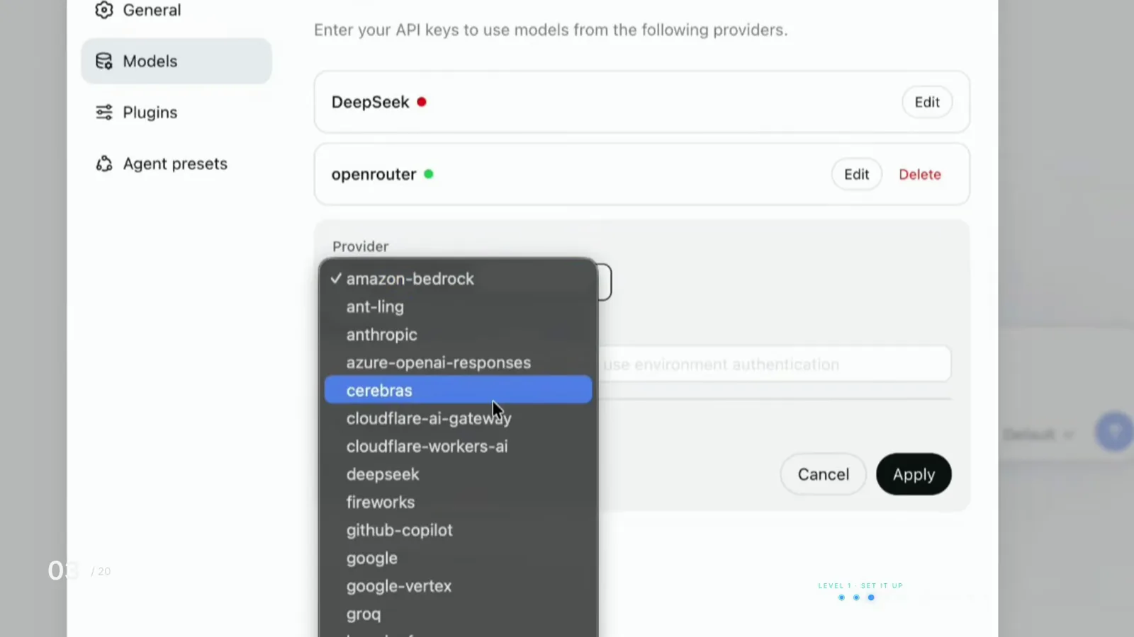 DeepSeek Harness Settings → Models with the provider dropdown open, listing providers from amazon-bedrock to groq, above the API key field and Apply button. DeepSeek Harness Settings → Models with the provider dropdown open, listing providers from amazon-bedrock to groq, above the API key field and Apply button.
