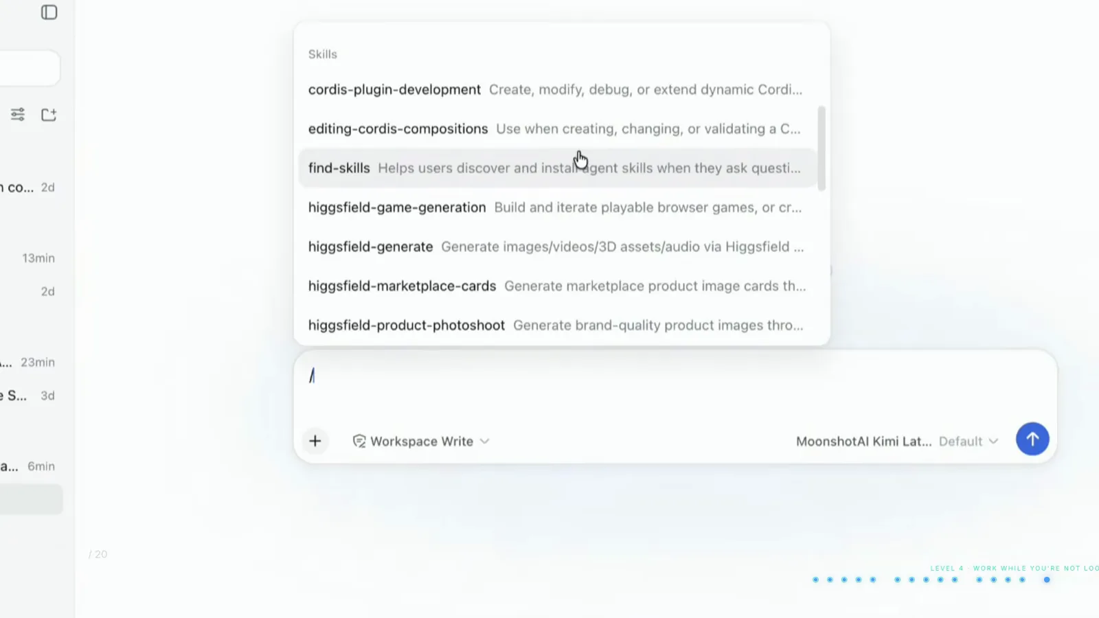 A slash-command skill picker in DeepSeek Harness listing cordis-plugin-development, find-skills and the higgsfield skill family with usage hints. A slash-command skill picker in DeepSeek Harness listing cordis-plugin-development, find-skills and the higgsfield skill family with usage hints.