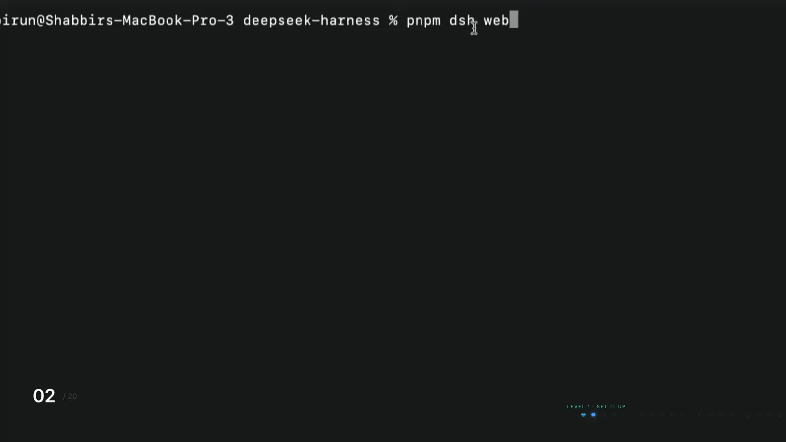 A macOS terminal in the cloned deepseek-harness folder with pnpm dsh web typed at the prompt, the command that launches the DSH web UI. A macOS terminal in the cloned deepseek-harness folder with pnpm dsh web typed at the prompt, the command that launches the DSH web UI.