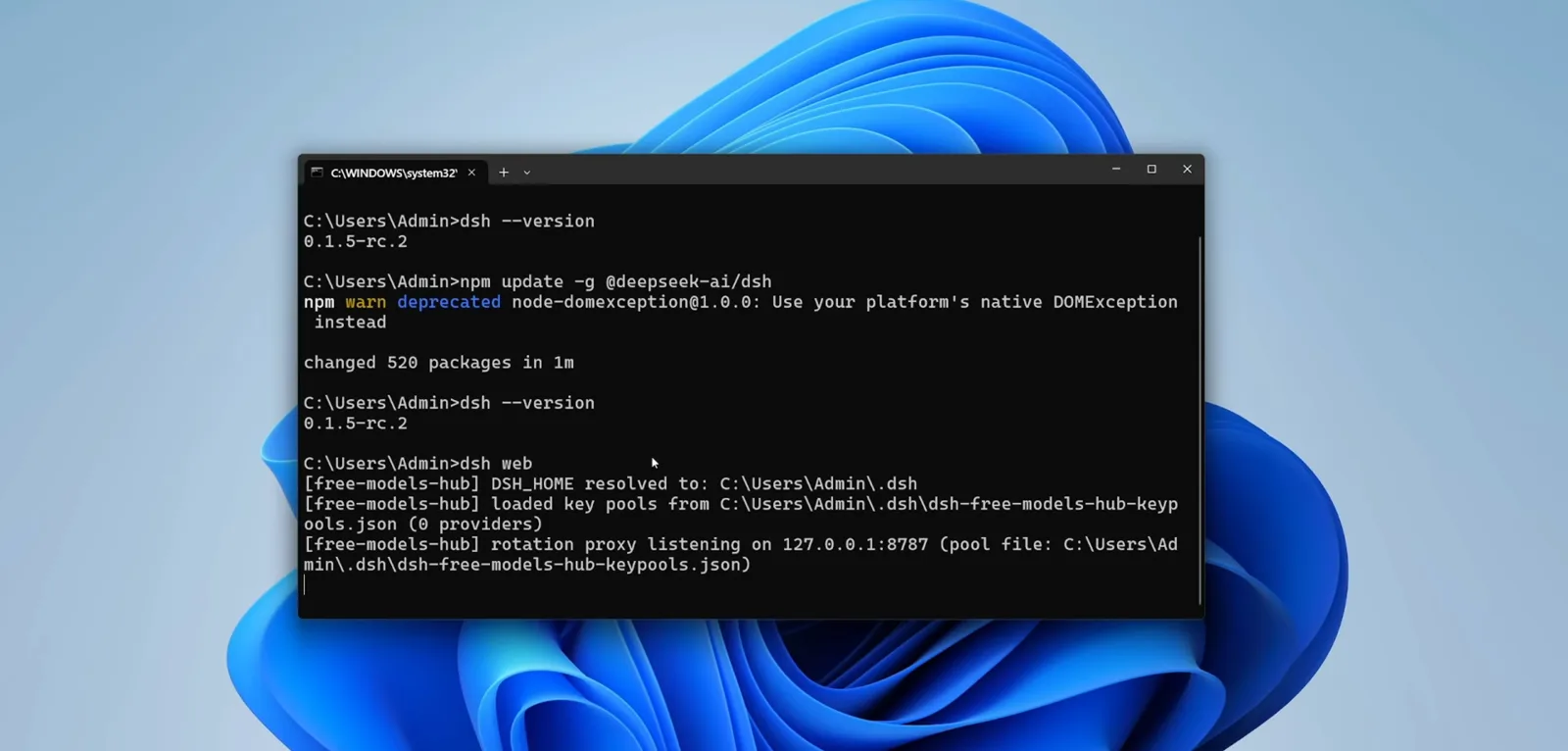The dsh upgrade receipt in Windows CMD: changed 520 packages in 1m, dsh --version re-checked at 0.1.5-rc.2 (already latest), and dsh web starting up with the free-models-hub plugin listening on 127.0.0.1:8787 The dsh upgrade receipt in Windows CMD: changed 520 packages in 1m, dsh --version re-checked at 0.1.5-rc.2 (already latest), and dsh web starting up with the free-models-hub plugin listening on 127.0.0.1:8787