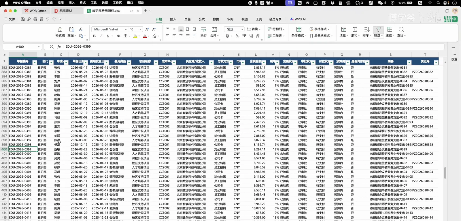 Raw expense sheet in Excel with hundreds of rows of document numbers, dates, departments and amounts before the merge Raw expense sheet in Excel with hundreds of rows of document numbers, dates, departments and amounts before the merge