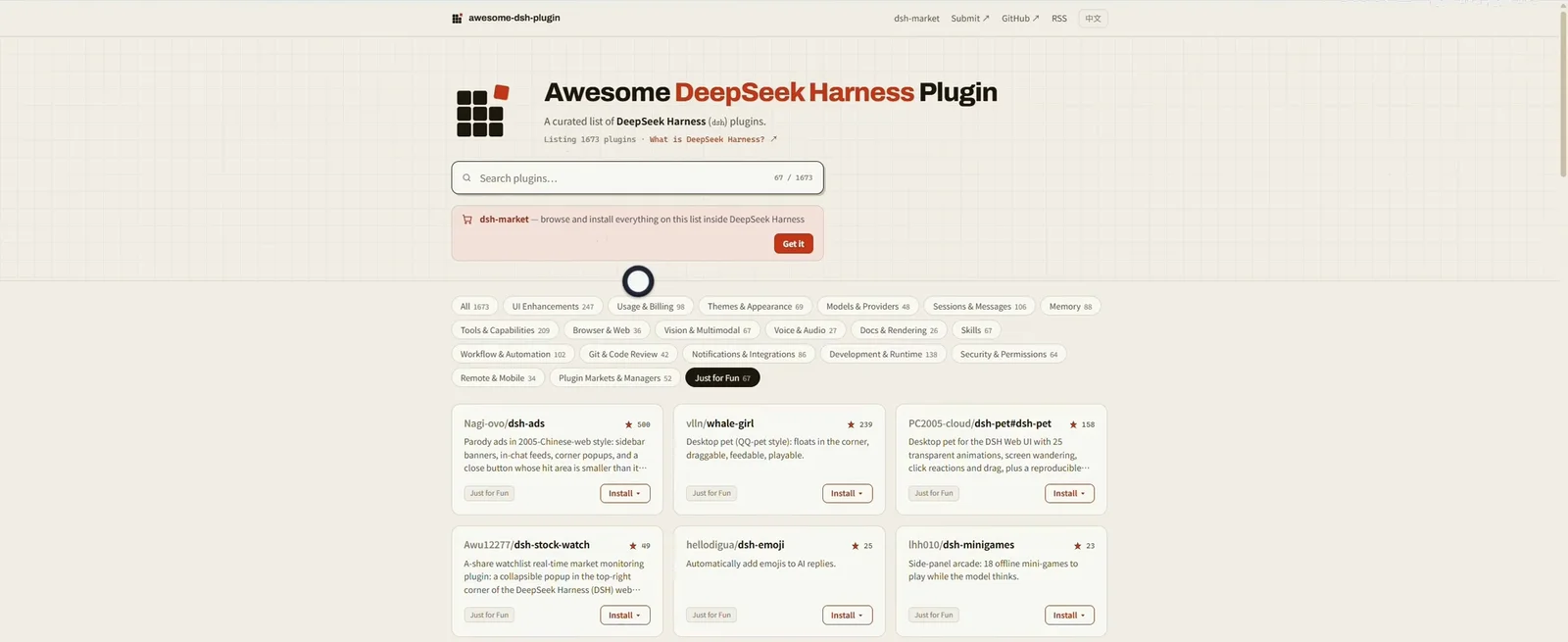 awesome-dsh-plugin.com Just for Fun category page listing 21 filter chips with counts and six dsh plugin cards with Install buttons awesome-dsh-plugin.com Just for Fun category page listing 21 filter chips with counts and six dsh plugin cards with Install buttons