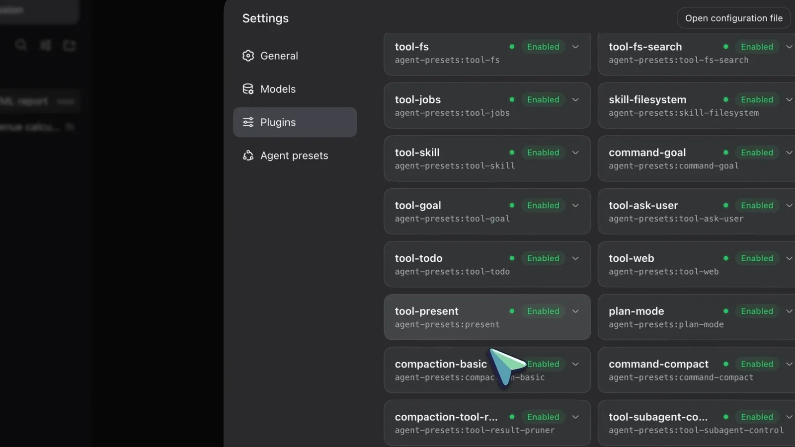 Plugin list tab in DeepSeek Harness settings showing two columns of installed plugins, each with a green Enabled badge Plugin list tab in DeepSeek Harness settings showing two columns of installed plugins, each with a green Enabled badge