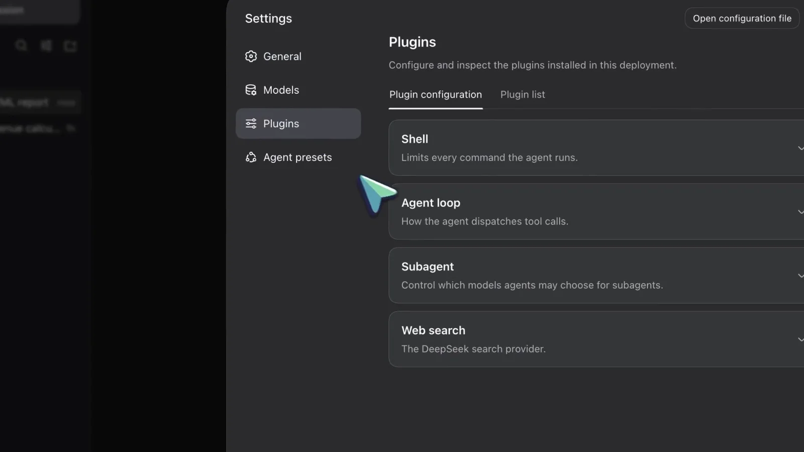 DeepSeek Harness Settings dialog on the Plugins page with the Plugin configuration tab open showing Shell, Agent loop, Subagent and Web search cards DeepSeek Harness Settings dialog on the Plugins page with the Plugin configuration tab open showing Shell, Agent loop, Subagent and Web search cards