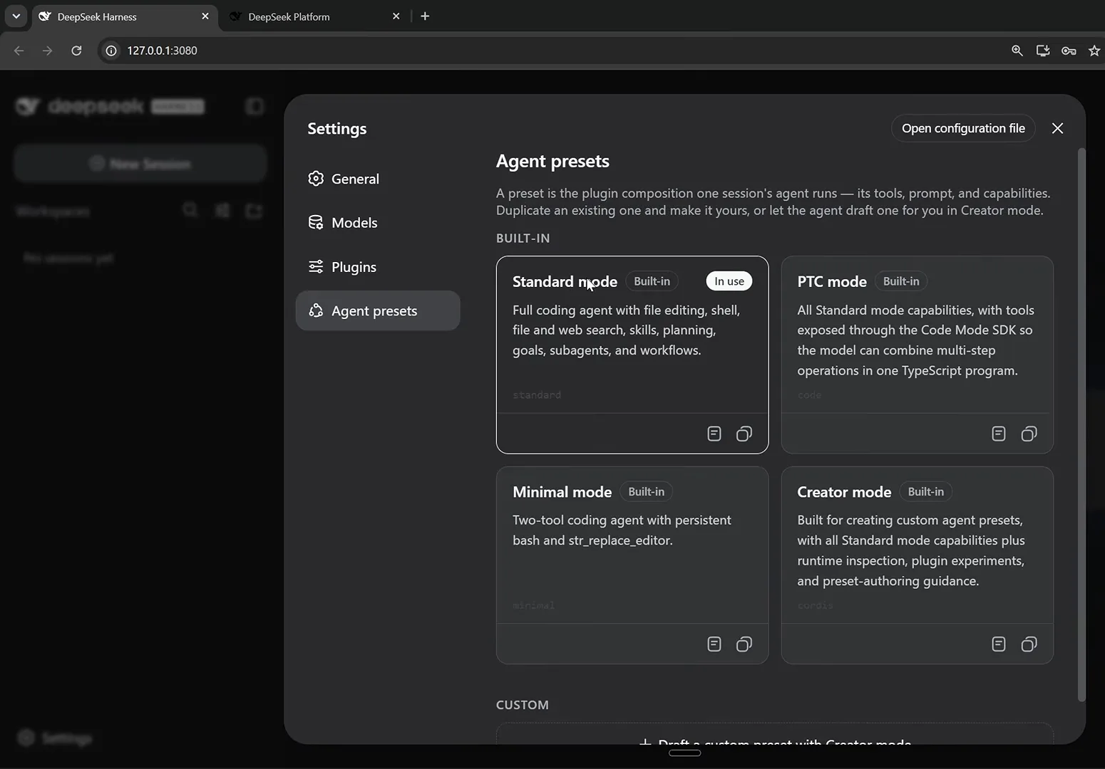 DeepSeek Harness Settings Agent presets panel showing the Standard mode, PTC mode, Minimal mode and Creator mode cards side by side