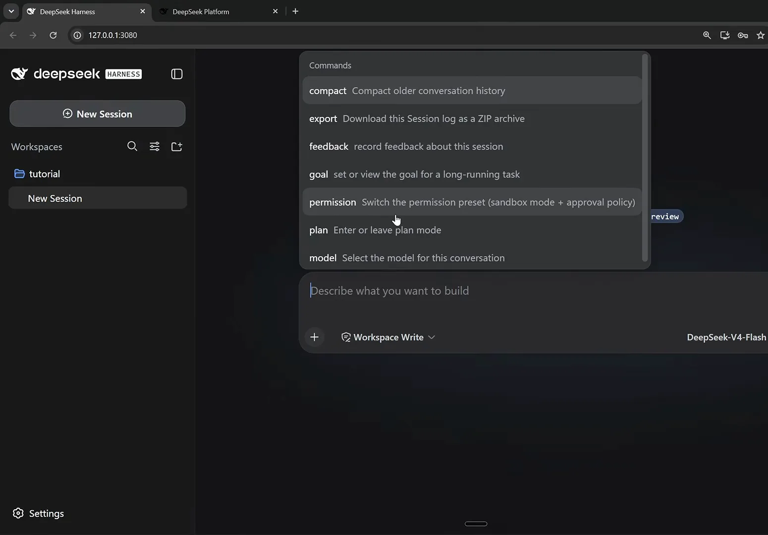 DeepSeek Harness composer command menu listing compact, export, feedback, goal, permission, plan and model commands above the message box