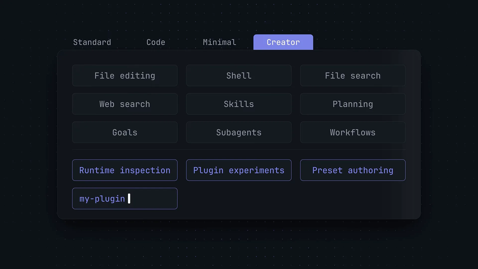 DeepSeek Harness runtime modes graphic with the Creator tab selected adding runtime inspection, plugin experiments and preset authoring capabilities