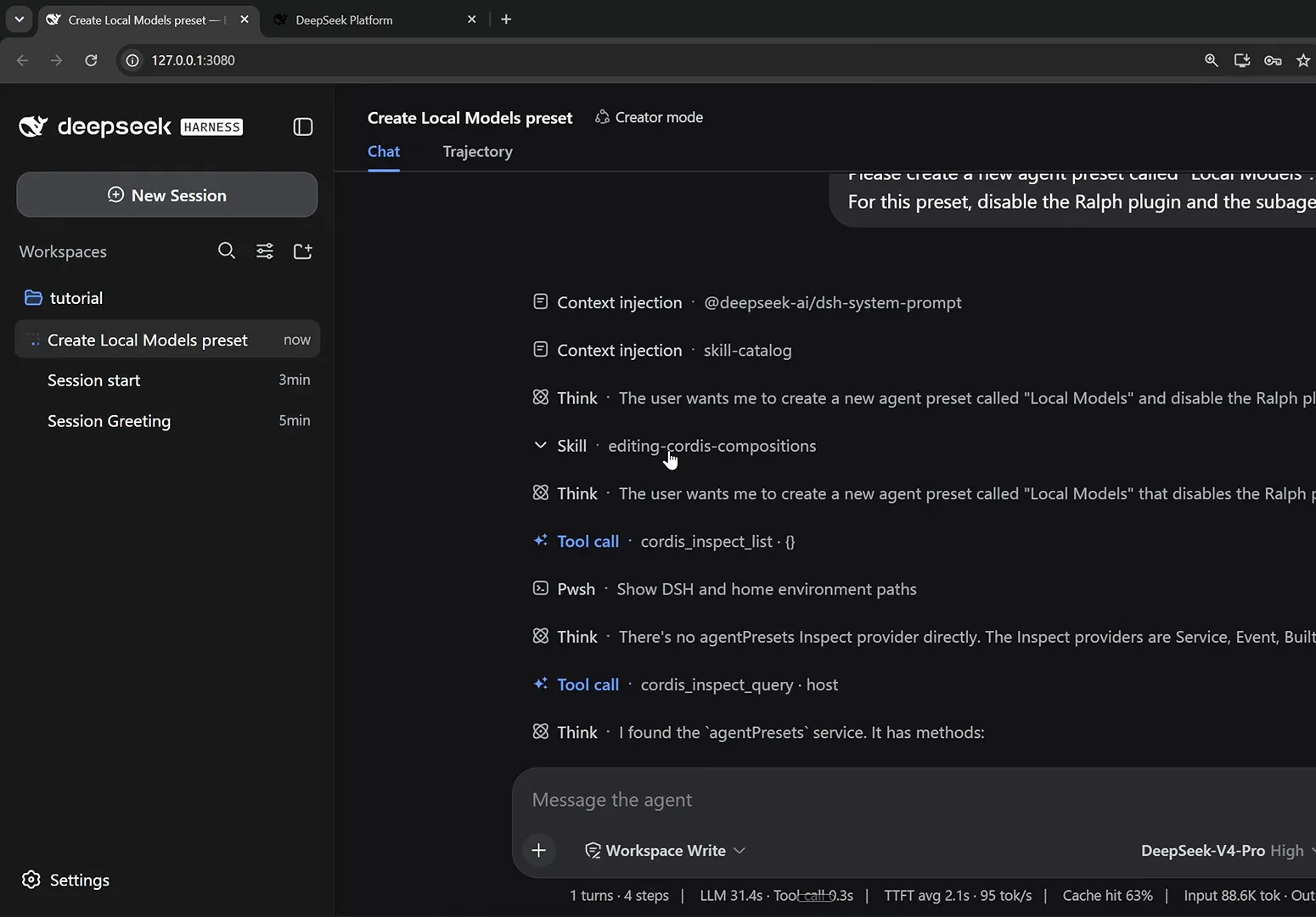 DeepSeek Harness Creator mode session prompted to create a Local Models agent preset that disables the Ralph plugin and sub agents plugins