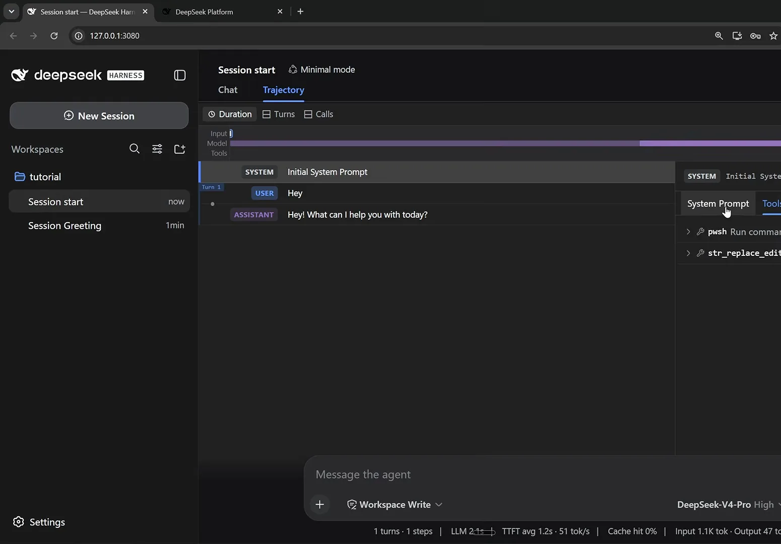 DeepSeek Harness session in Minimal mode showing a system prompt of one line and a tools panel with only pwsh and str_replace editor entries