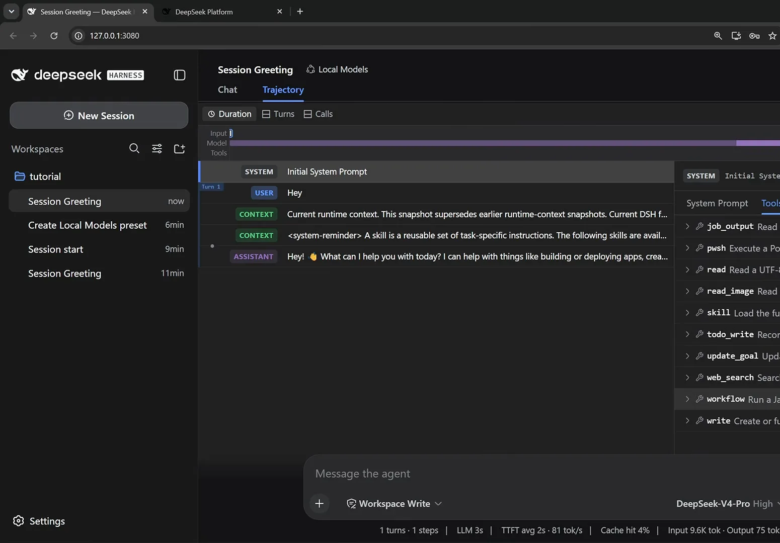 DeepSeek Harness session running with the custom Local Models preset showing a shortened tool list in the trajectory panel