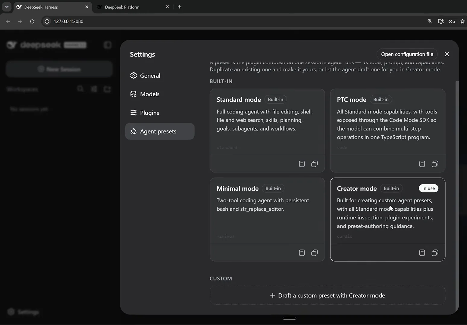 DeepSeek Harness Agent presets panel with all four mode cards and the Build a custom preset with Creator mode button at the bottom