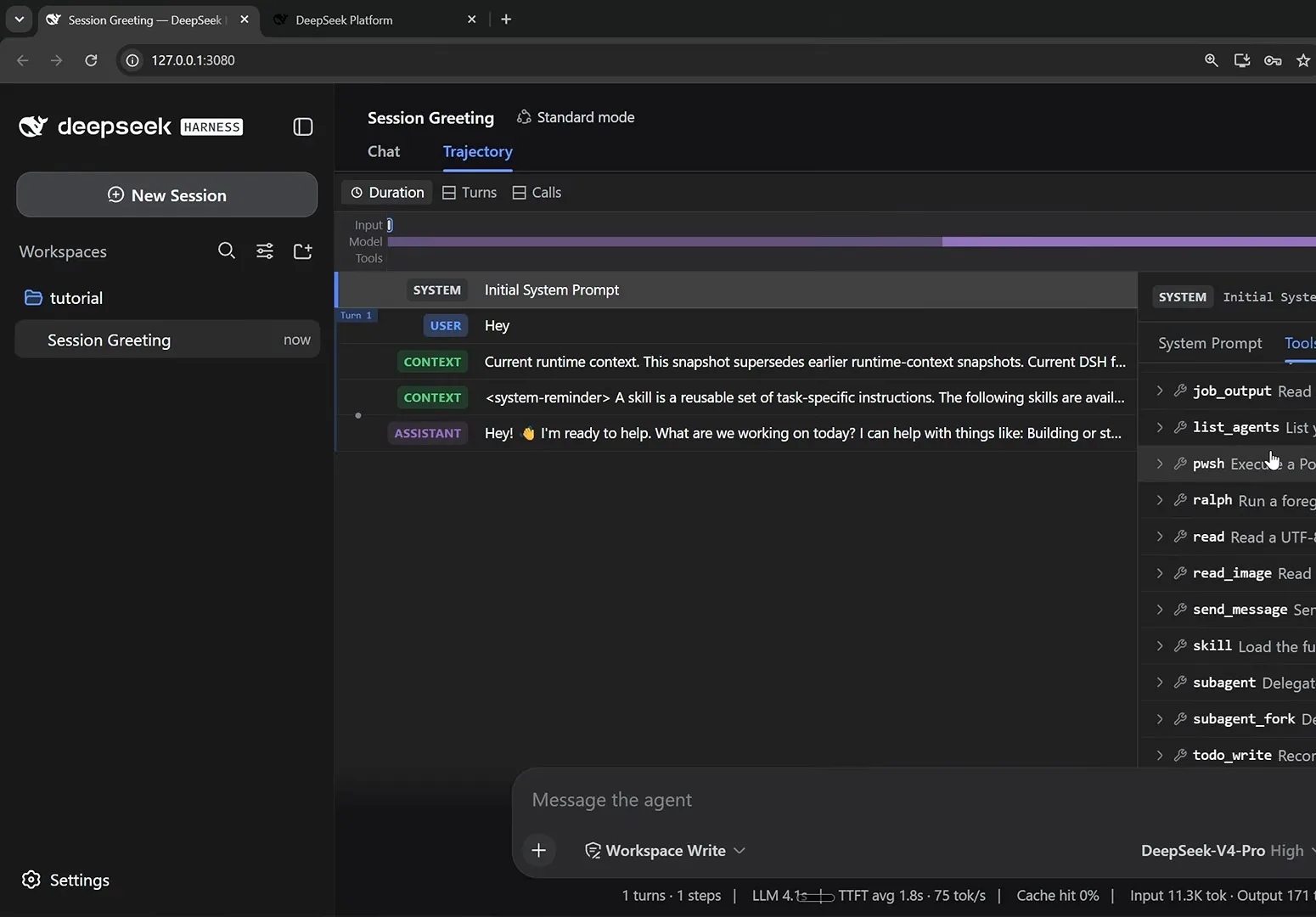 DeepSeek Harness session in Standard mode with the trajectory tools panel showing read_image, send_message, skill, subagent, todo_write, web_search, workflow and write tools